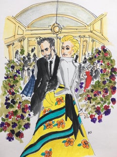 Carolina and Nicolas an the Frick, Watercolor fashion, portrait on archive paper