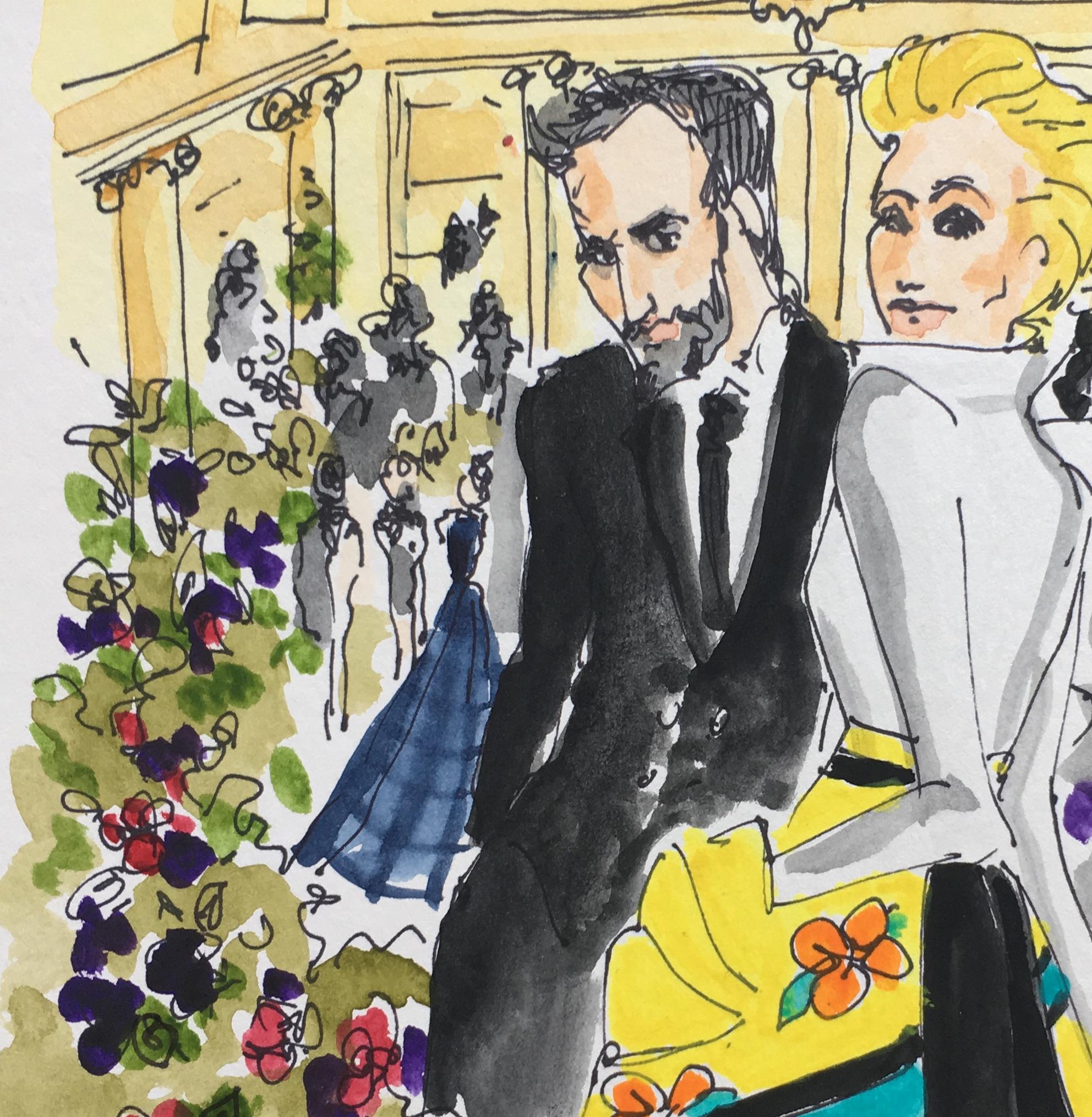 Carolina and Nicolas an the Frick, Watercolor fashion, portrait on archive paper - Contemporary Art by Manuel Santelices