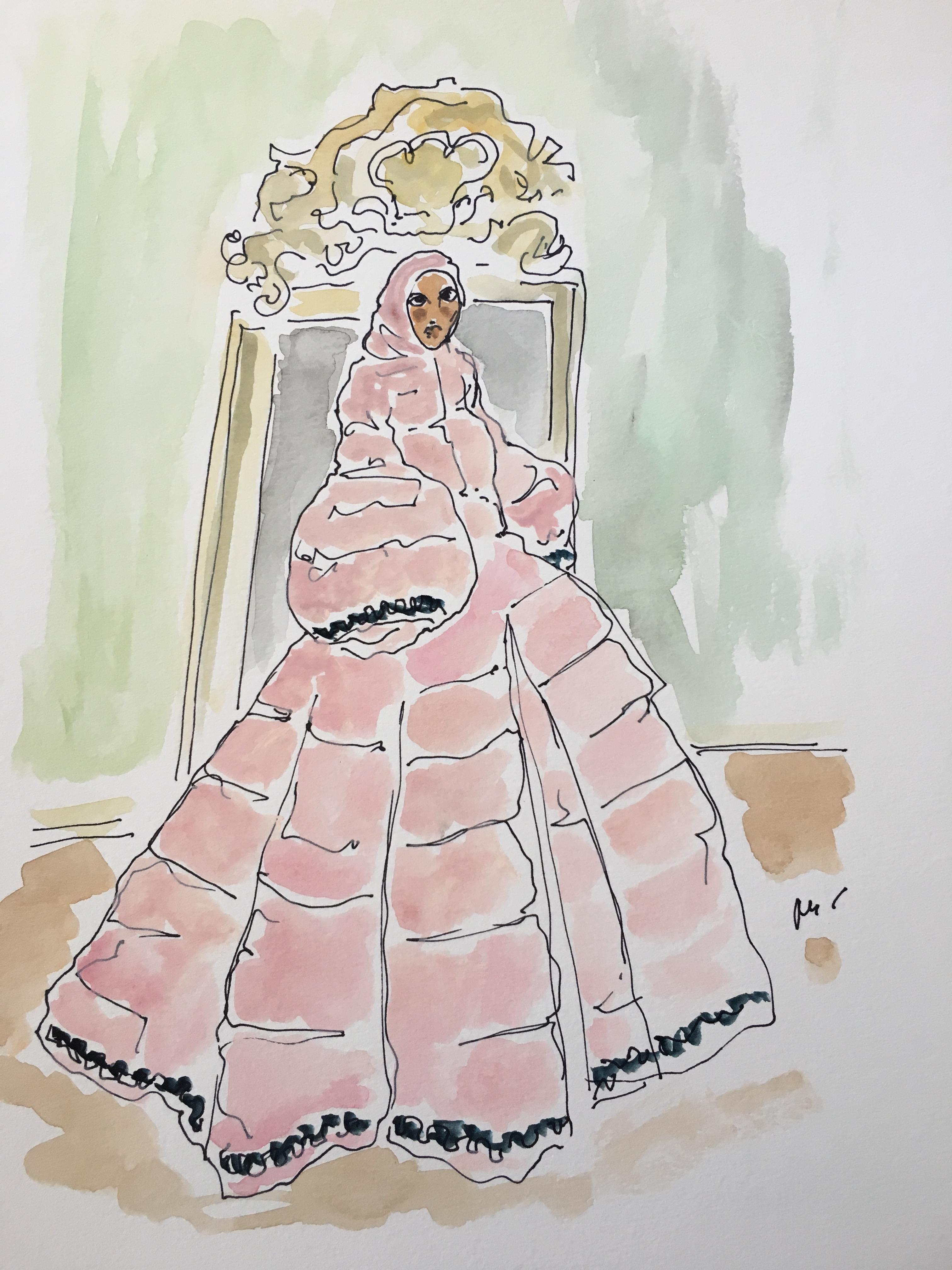 Pierpaolo Piccioli for Moncler, Watercolor fashion illustration on paper.