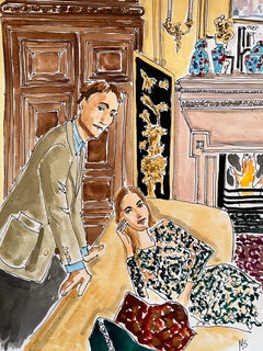 The Marquess and Marchioness of Cholmondeley at home in Houghton Hall Watercolor