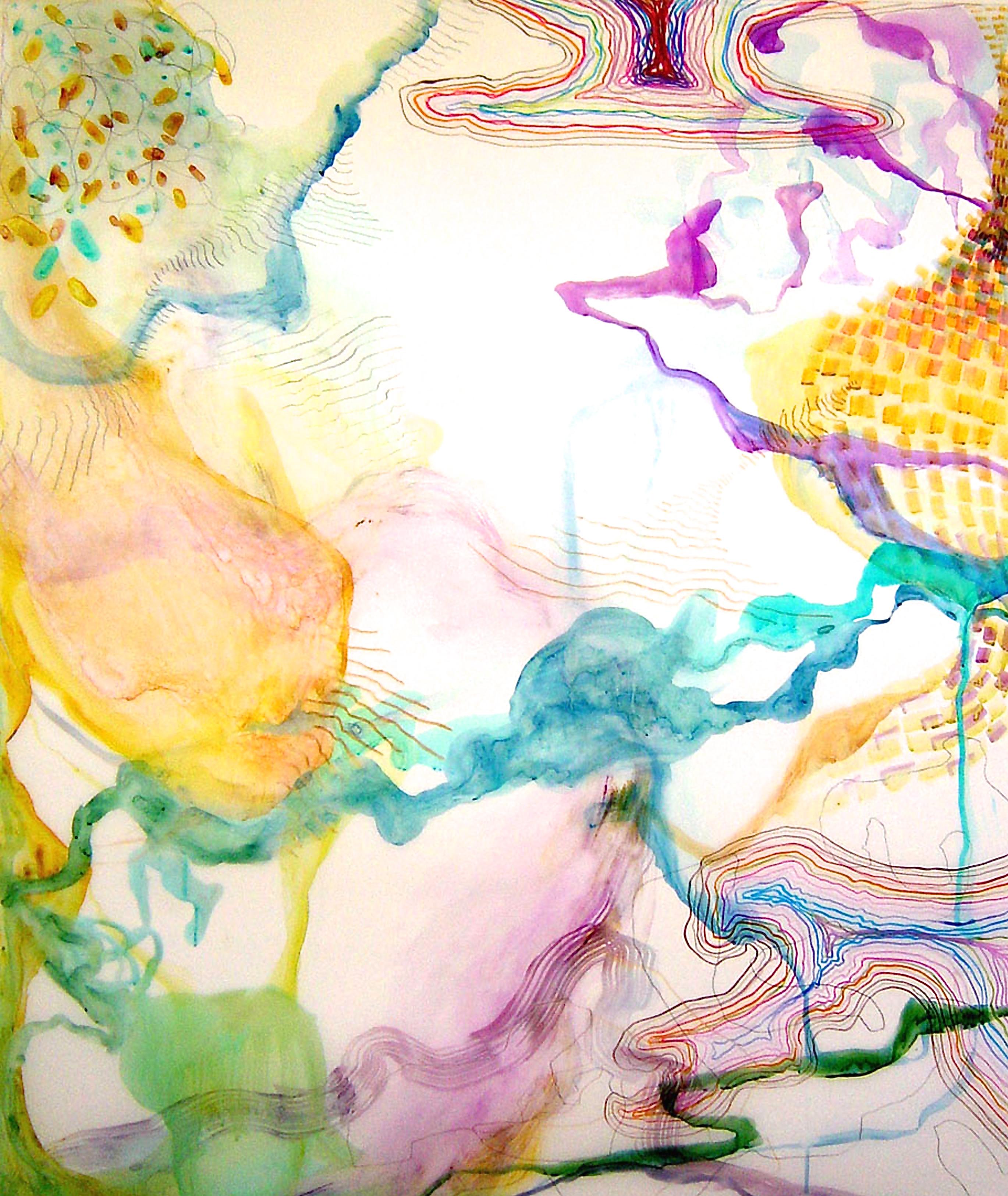 Susan Sharp Abstract Drawing - "Trace #12"  Large fluid abstraction, colorful, purple, yellow, turquoise, green