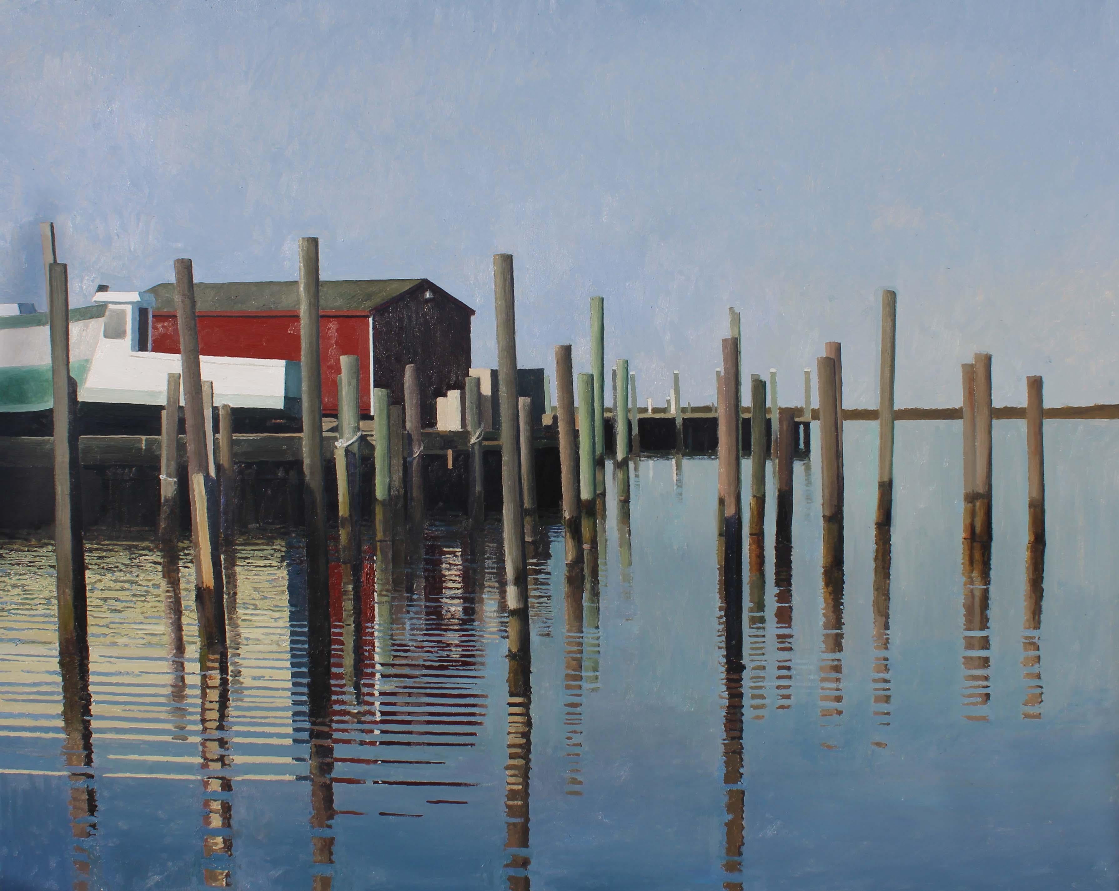 Xavier Rhodes Landscape Painting - "Hundred Post"     Large landscape/seascape - dock with blue sky, red structure,