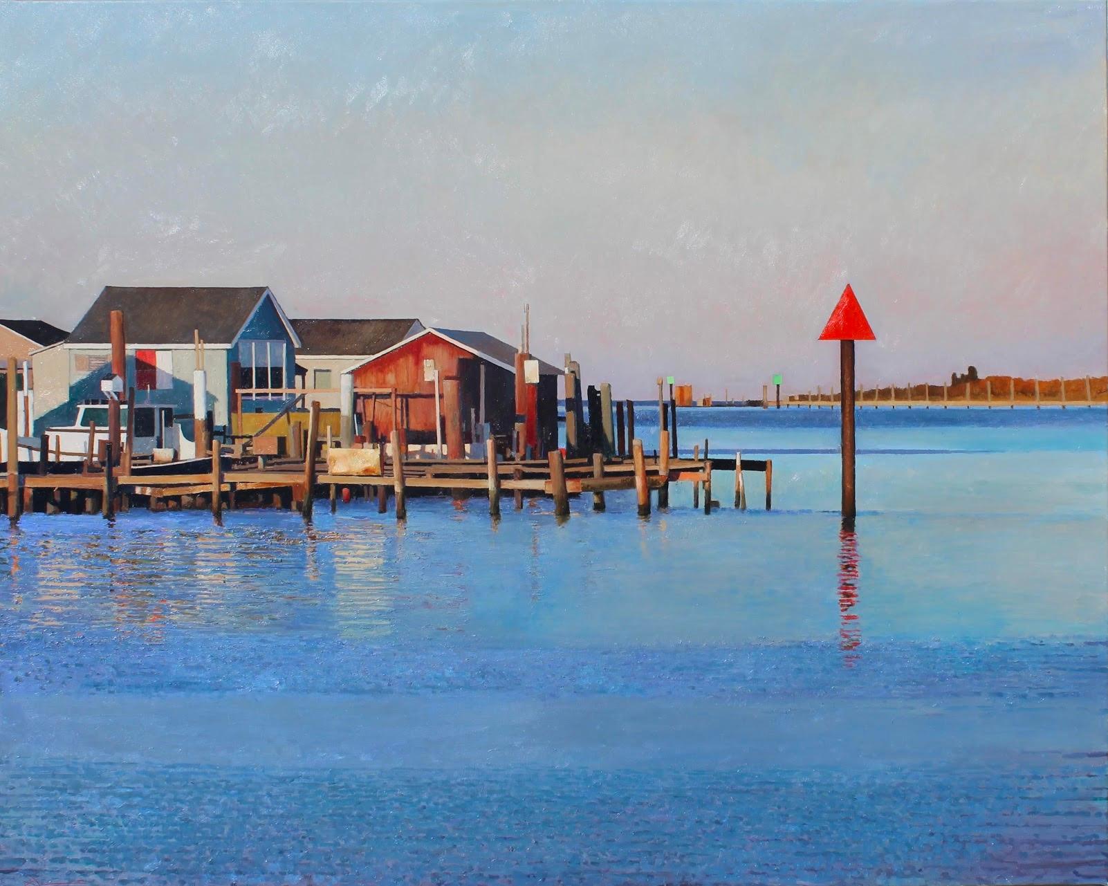 Xavier Rhodes Landscape Painting - "Tangier Starboard"  Large, colorful landscape/seascape of dock, water, blue sky