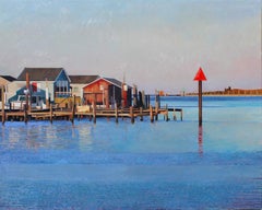 "Tangier Starboard"  Large, colorful landscape/seascape of dock, water, blue sky