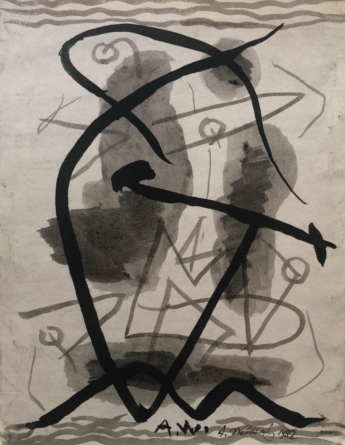 Abraham Walkowitz Abstract Drawing - "Abstraction" American Modernist Geometric Pen/ Ink/Wash/Paper Black White Sepia