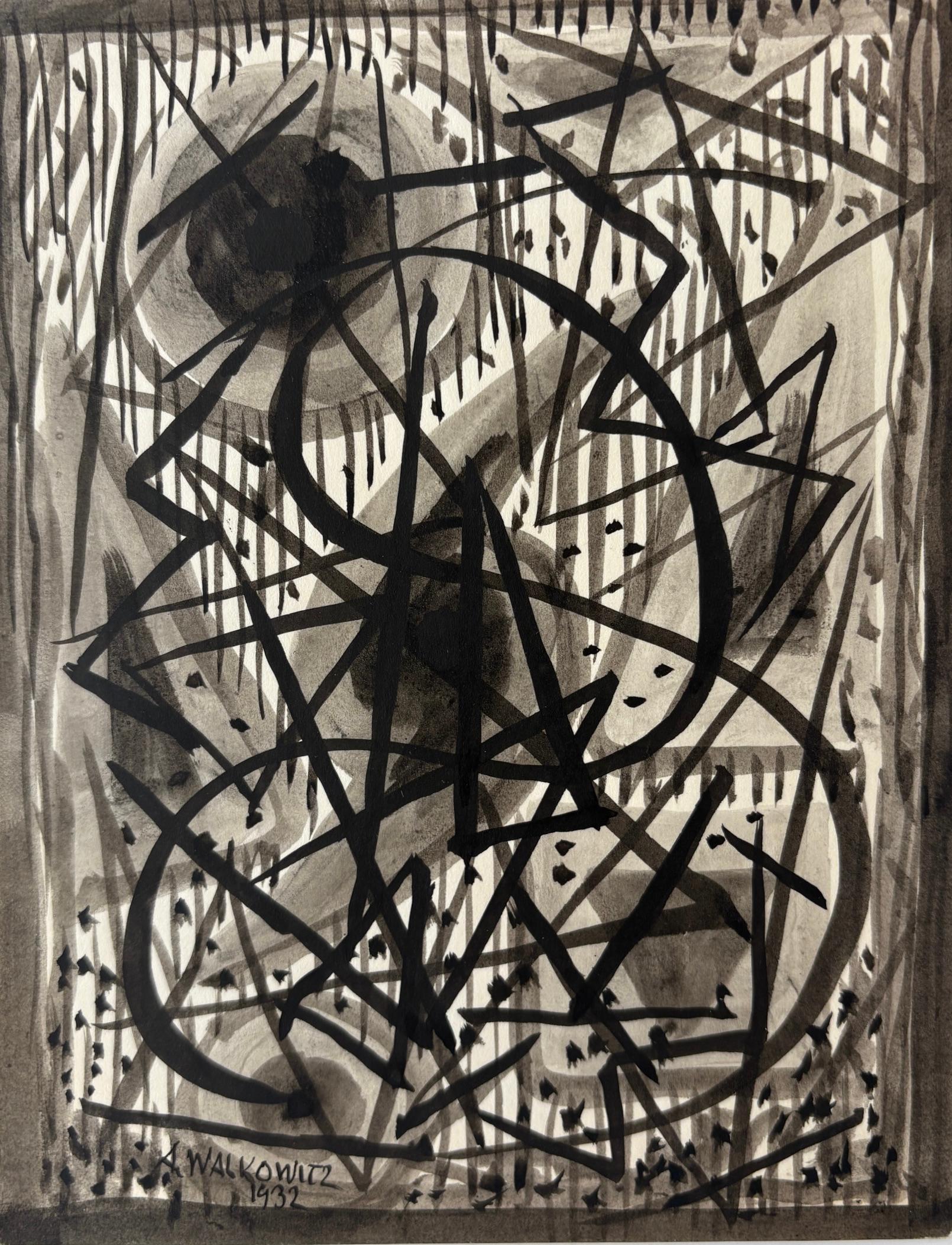 "Astrazione" Disegno geometrico modernista americano a penna/inchiostro/lavaggio, bianco e nero