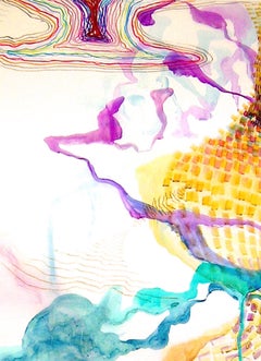 "Traccia #12"  Grande astrazione fluida, colorata, viola, gialla, turchese, verde