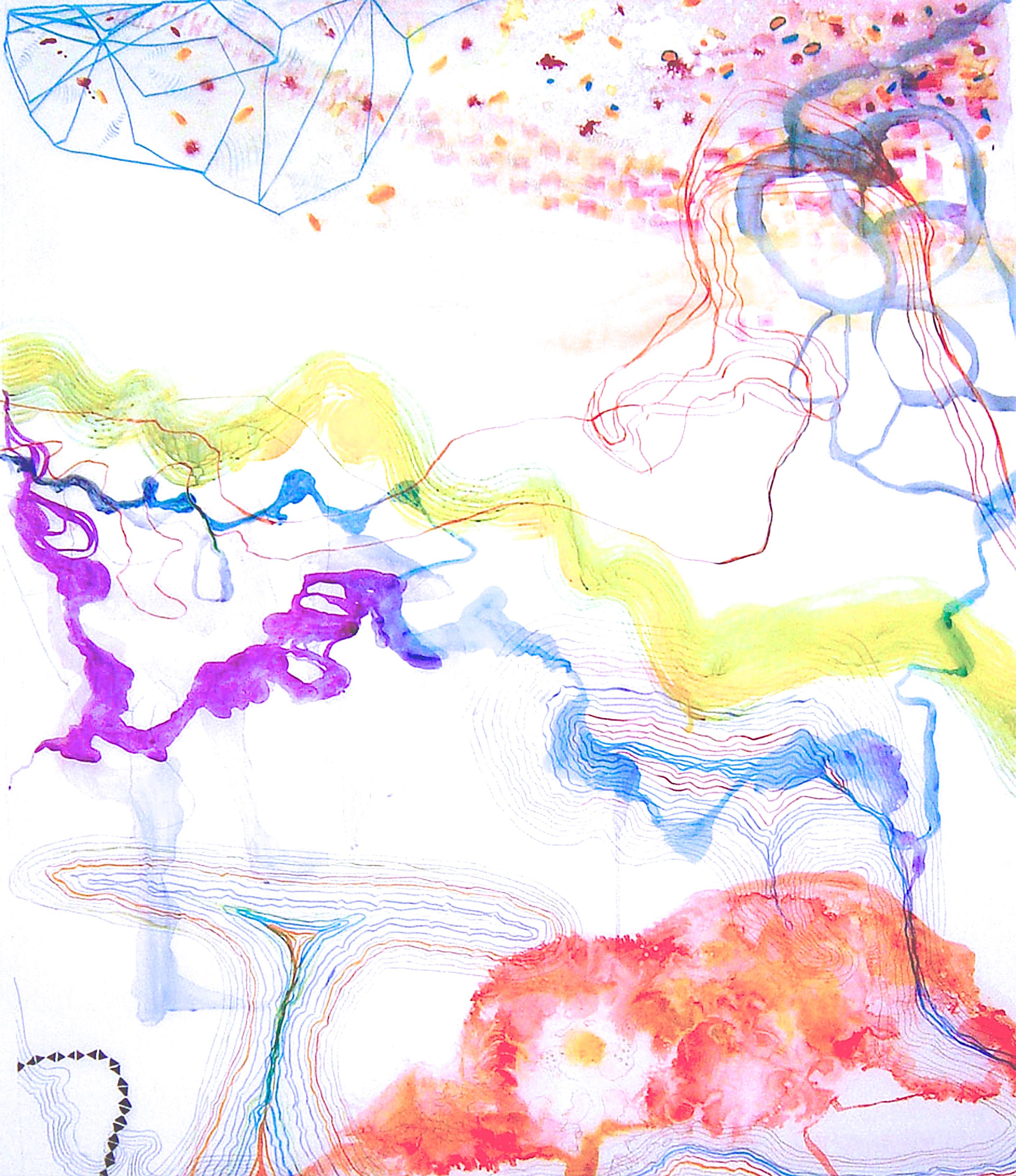 Susan Sharp Abstract Drawing - "Trace #13"  Large colorful watery abstraction yellow, purple, blue, red, purple