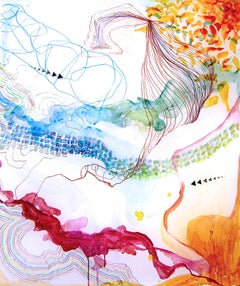 "Traccia #14"  Grande, vibrante, acquosa astrazione colorata, blu, magenta, arancione