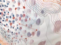 "Traccia #6"   Astrazione biomorfa, lineare, fluida e acquosa in rosso, blu e arancione.