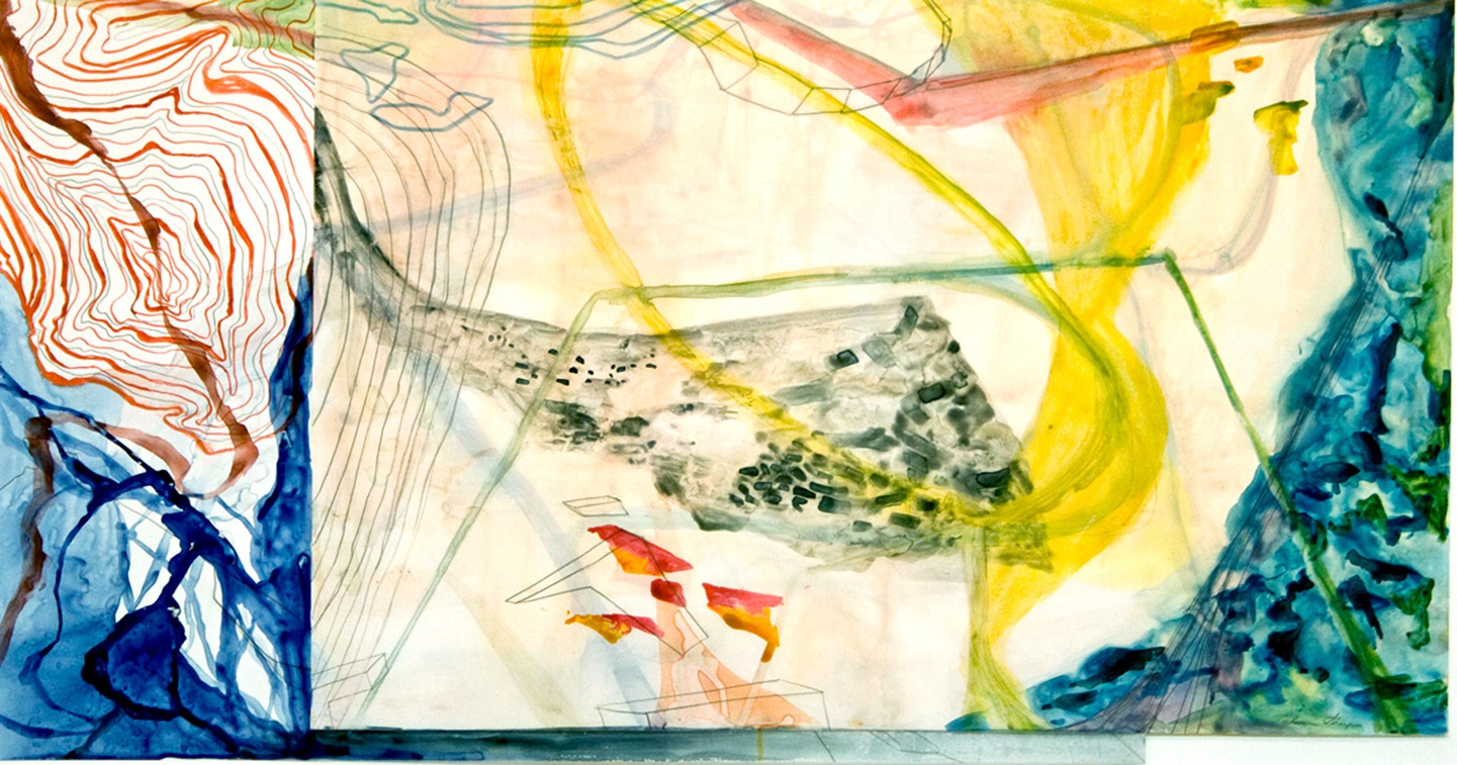 Aerial # 7  Large linear, watery, colorful abstraction blue, green, red, yellow - Mixed Media Art by Susan Sharp