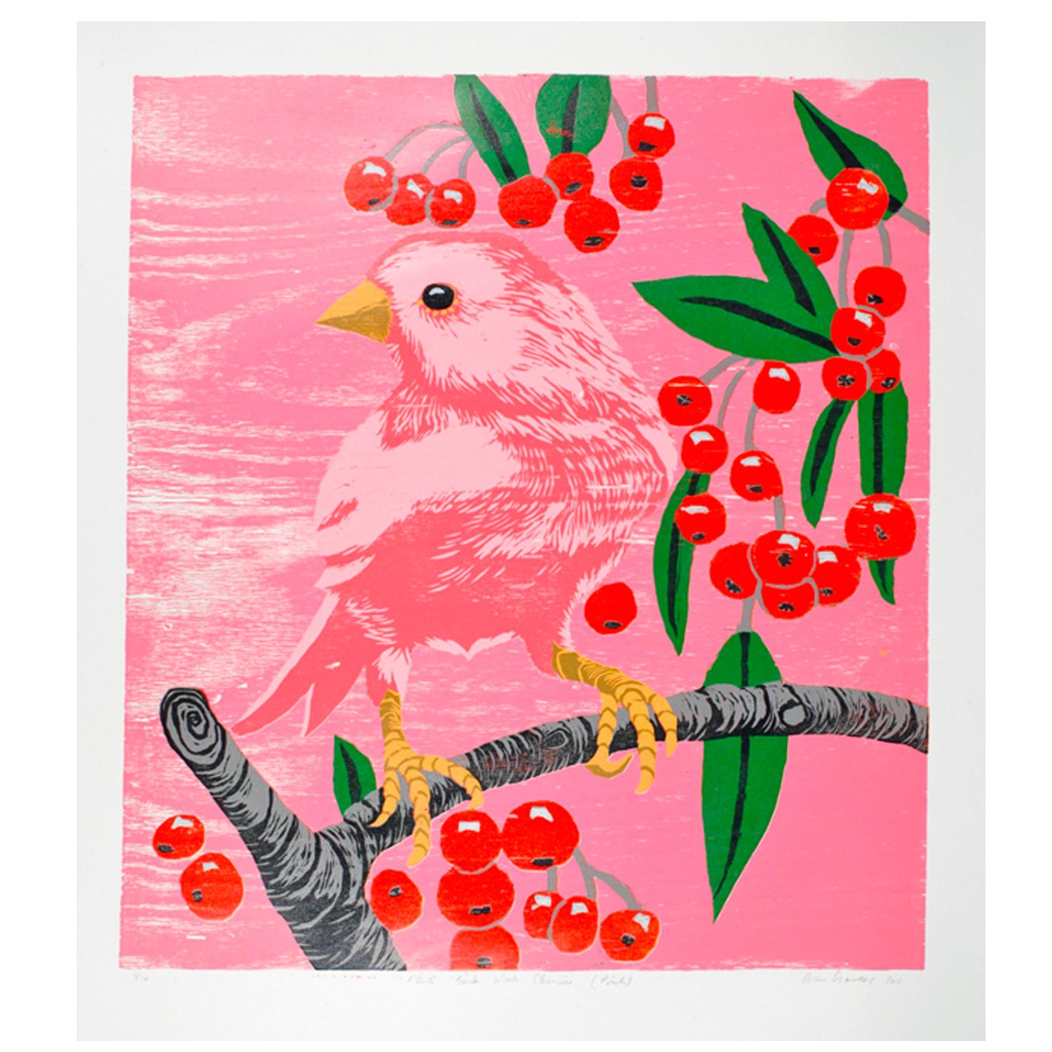 Ann Craven  Animal Print - Pink Bird with Cherries (Pink)