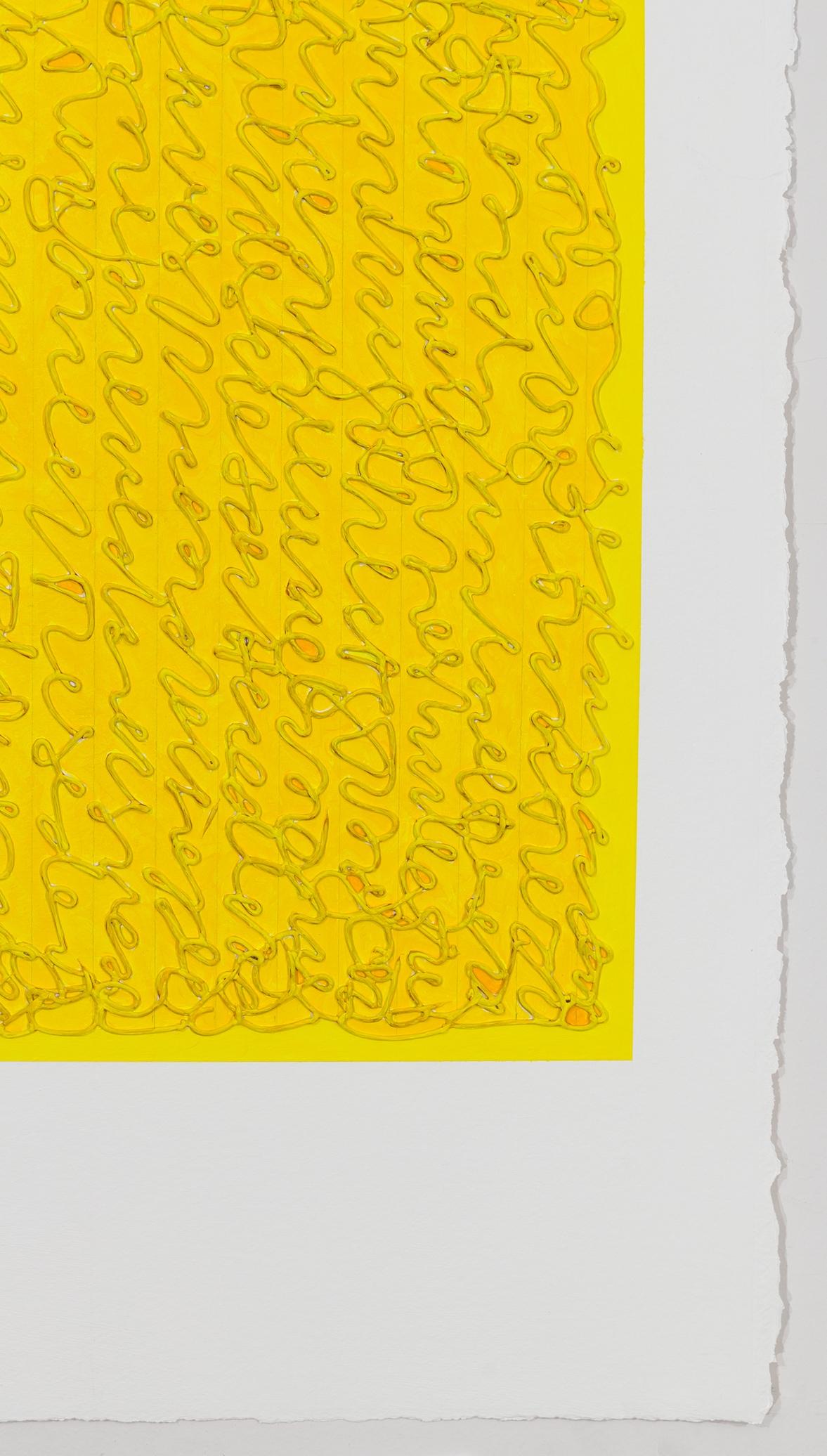 This minimalist yellow abstract textural work on paper is by Louise P. Sloane.   
The visual language of her paintings embraces the legacies of reductive and minimalist ideologies, while celebrating the beauty of color, and the human connection to