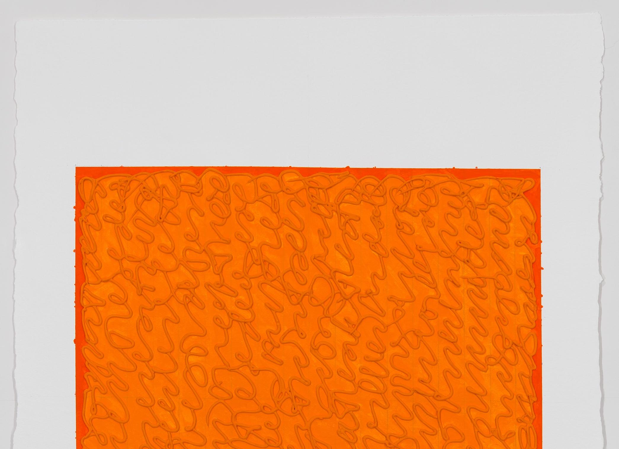 This orange abstract textural painting on paper is by renown artist, Louise P Sloane.
This minimalist orange work has a textural quality of layers from the medium of acrylic pastes.
Since 1974, she has been actively engaged in the studio as an