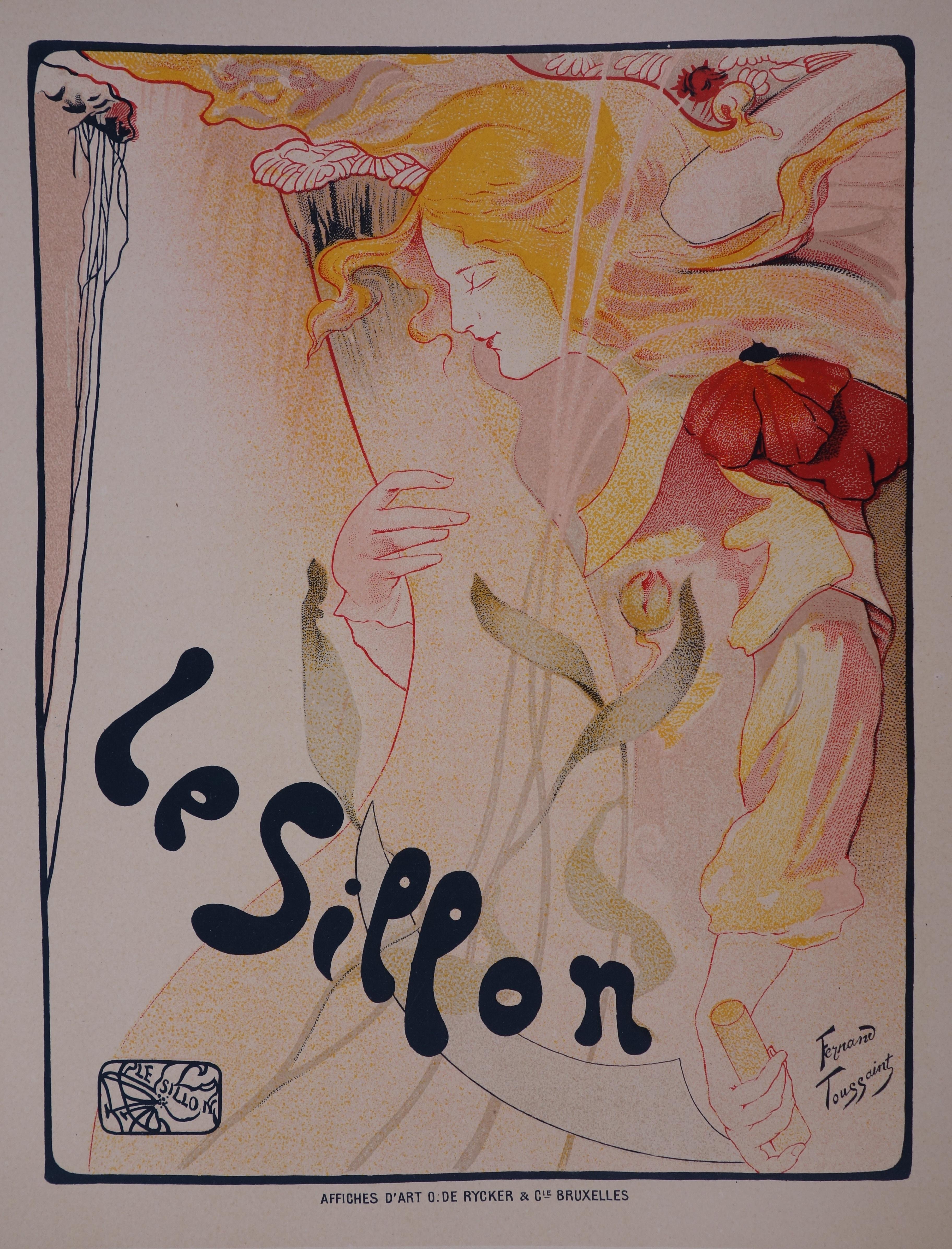 Nymphe sammelt die Blumen – Lithographie, 1897 – Print von Fernand Toussaint