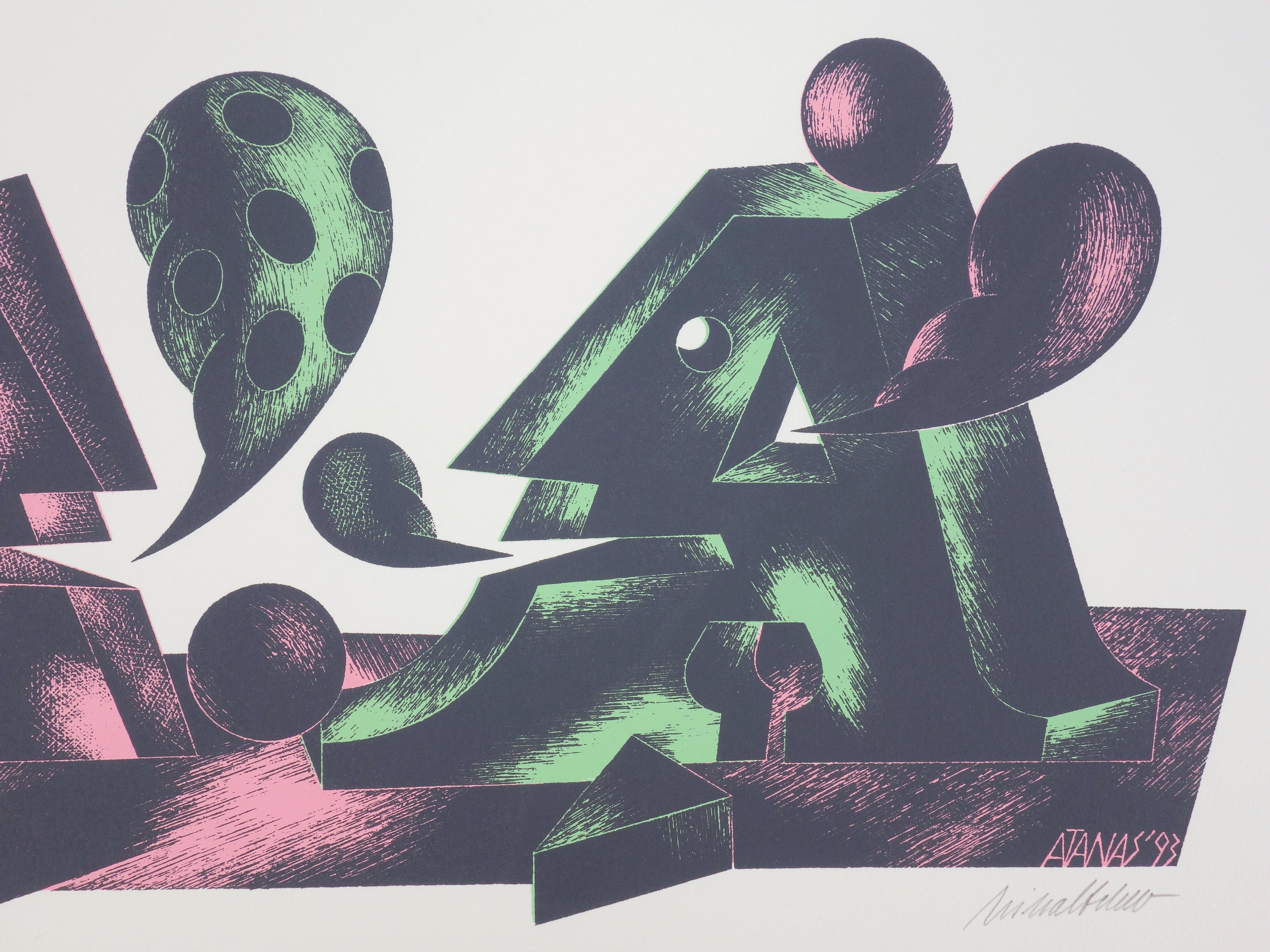 Sr. y Sra. A Hablando - Litografía firmada a mano - 50 ex - Figurative Print Gris de Atanas Milhaltchev