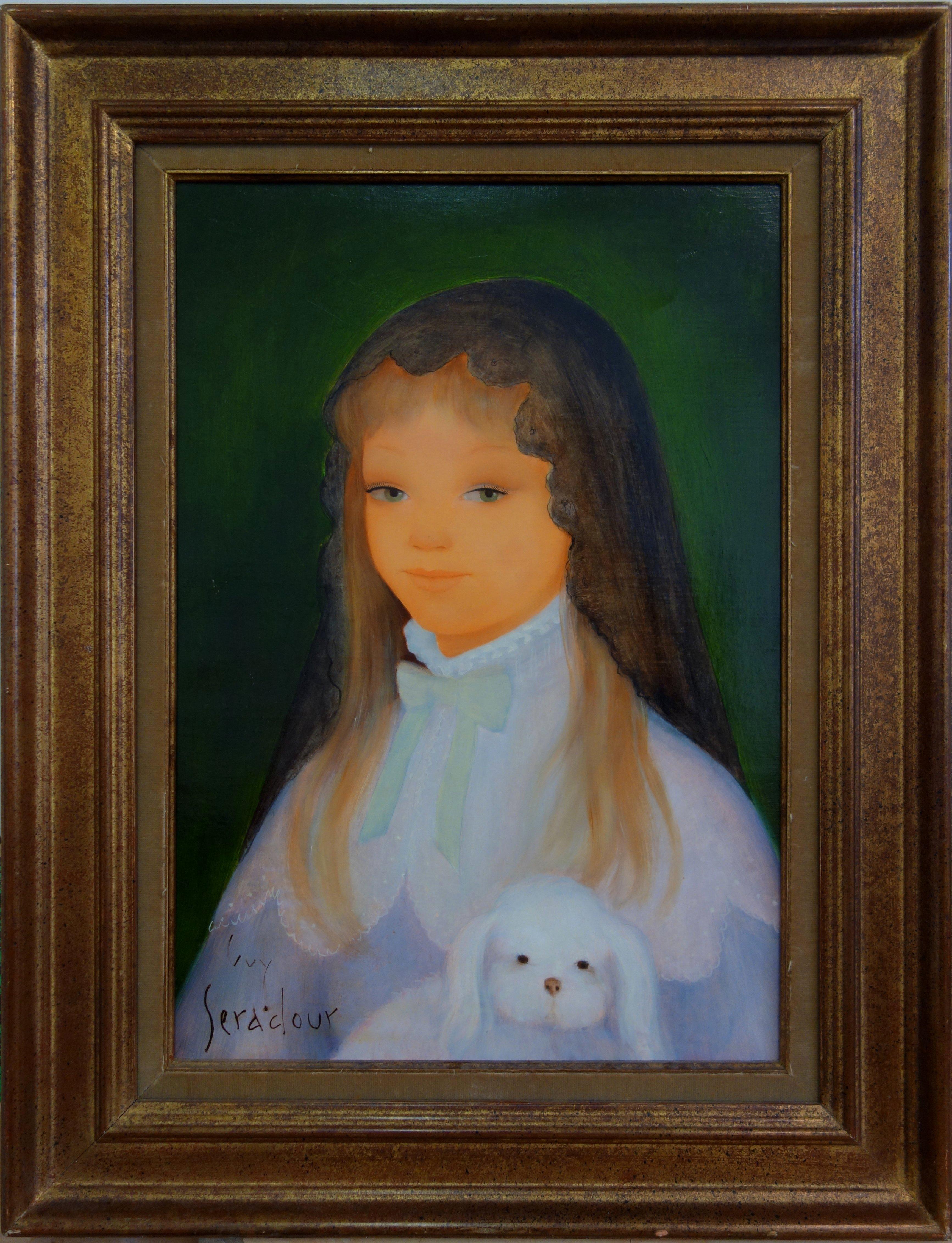 Guy Seradour Figurative Painting - Young Girl with White Dog - Original oil on canvas