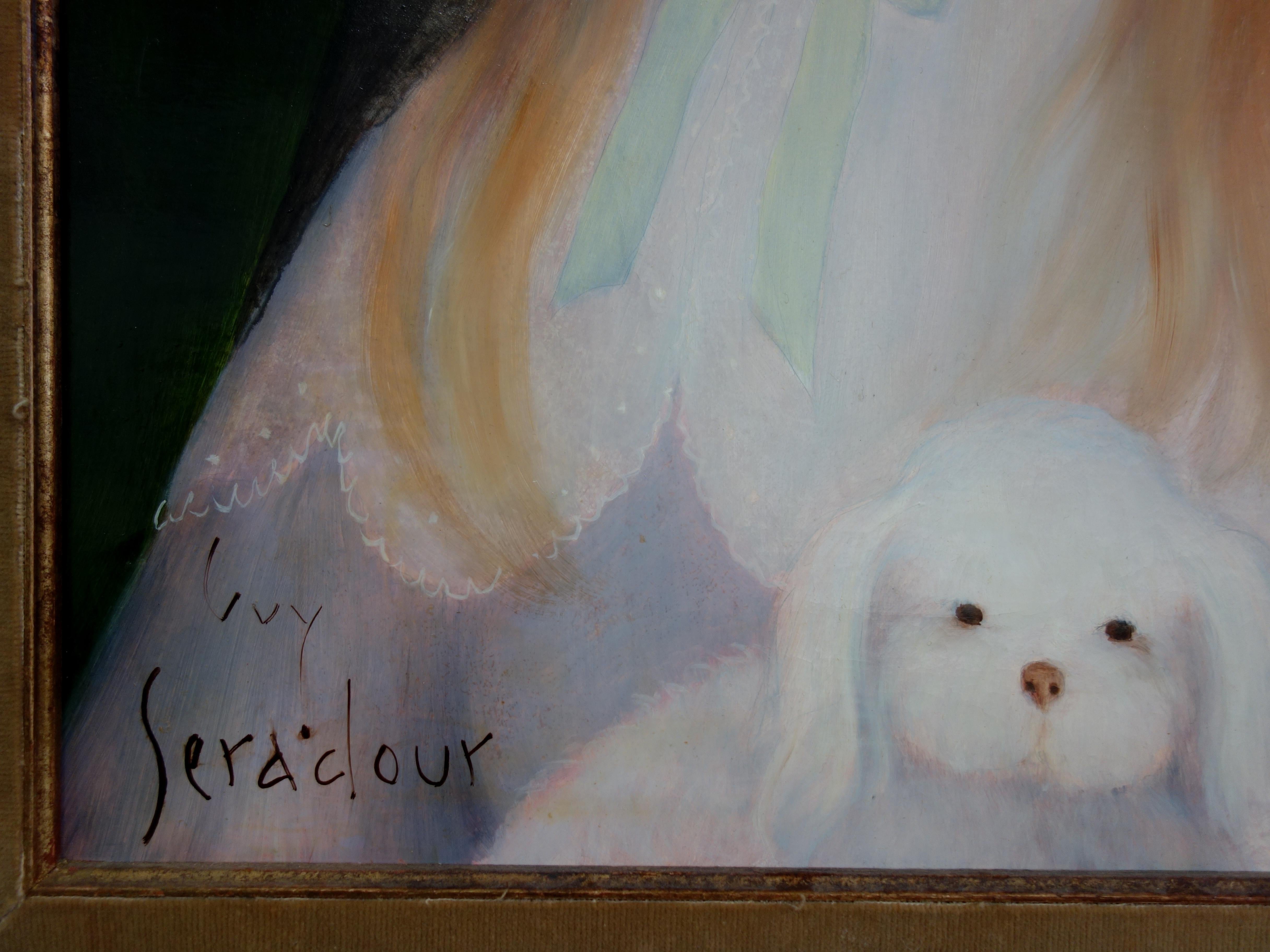 Young Girl with White Dog - Original oil on canvas - Painting by Guy Seradour