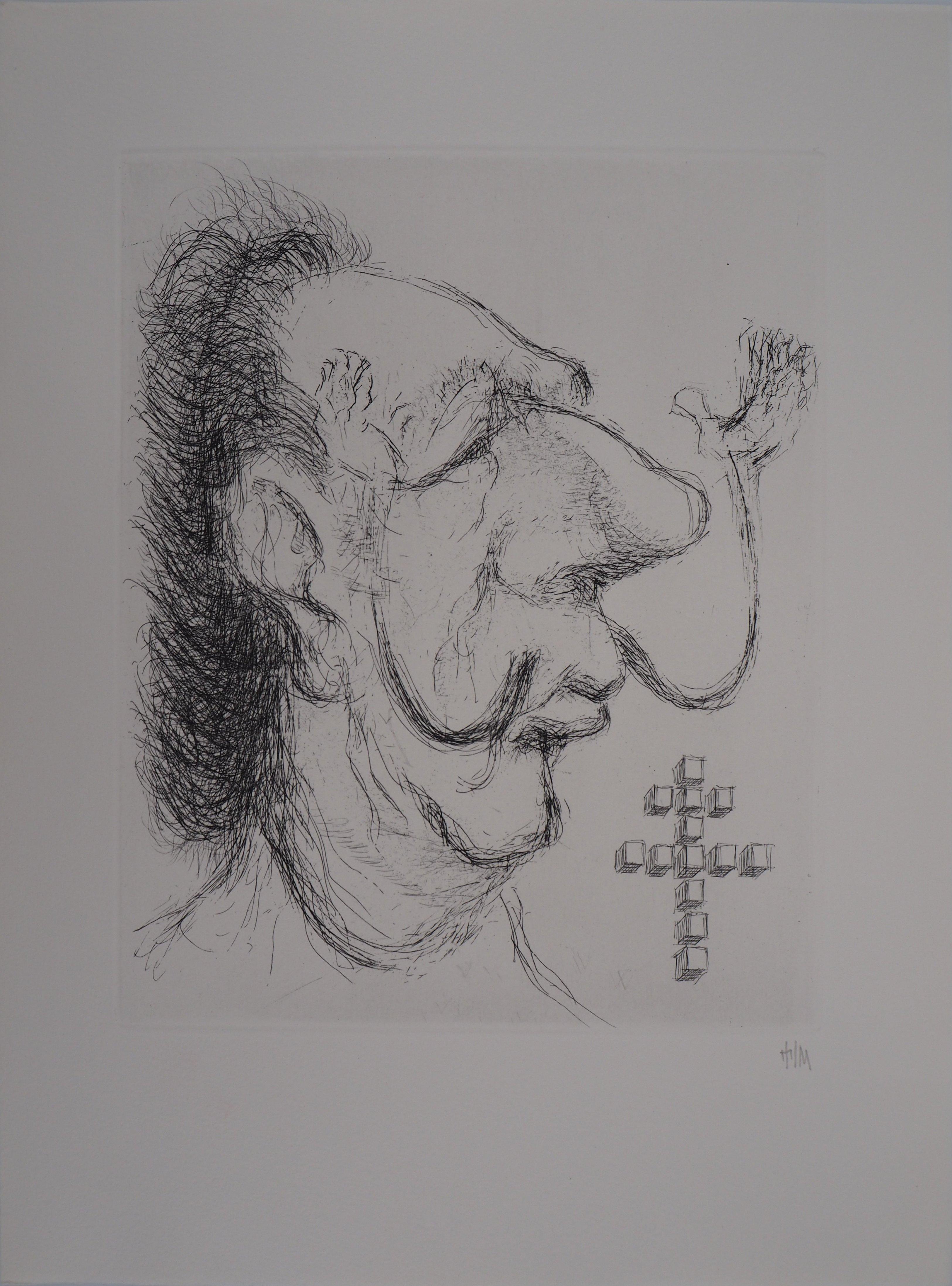 Louis Mitelberg Portrait Print - Caricature of Salvador Dali as General de Gaulle - Handsigned etching, 1971