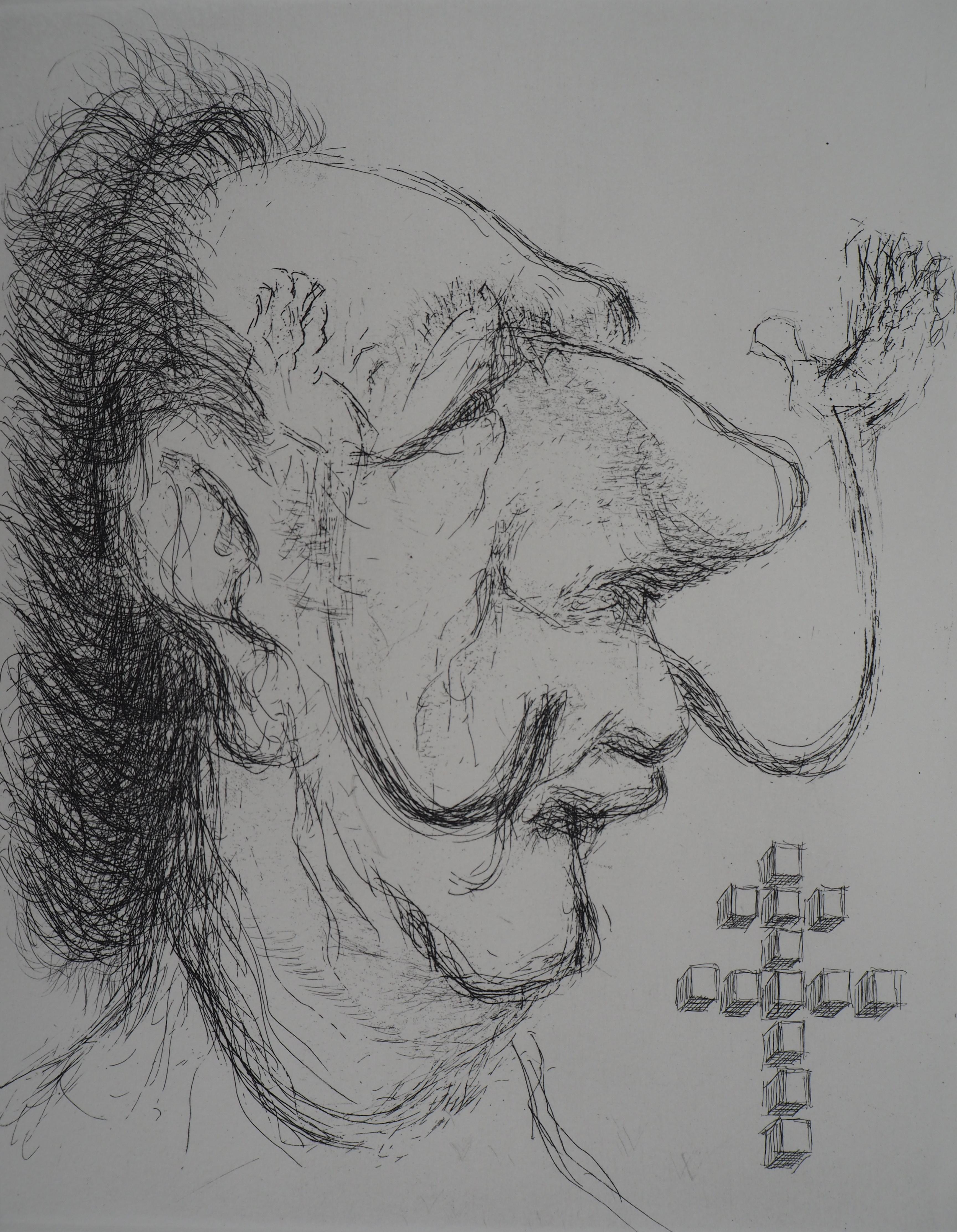 Caricature of Salvador Dali as General de Gaulle - Handsigned etching, 1971 - Print by Louis Mitelberg