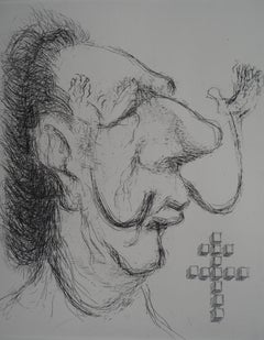 Caricature of Salvador Dali as General de Gaulle - Handsigned etching, 1971