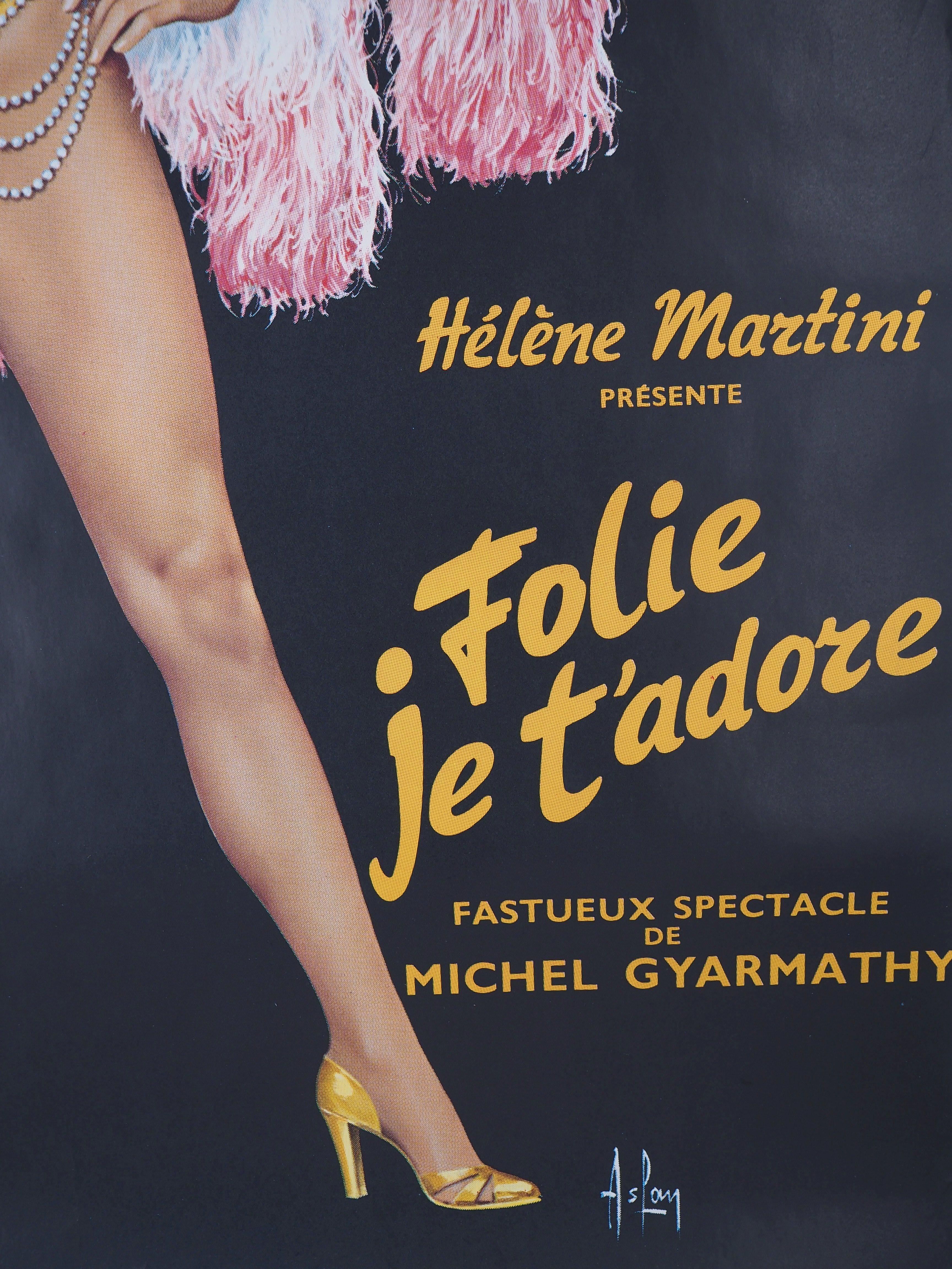 Folies Bergeres - Tall original vintage poster (Moulin Rouge) - Black Figurative Print by Aslan (Alain Gourdon called)