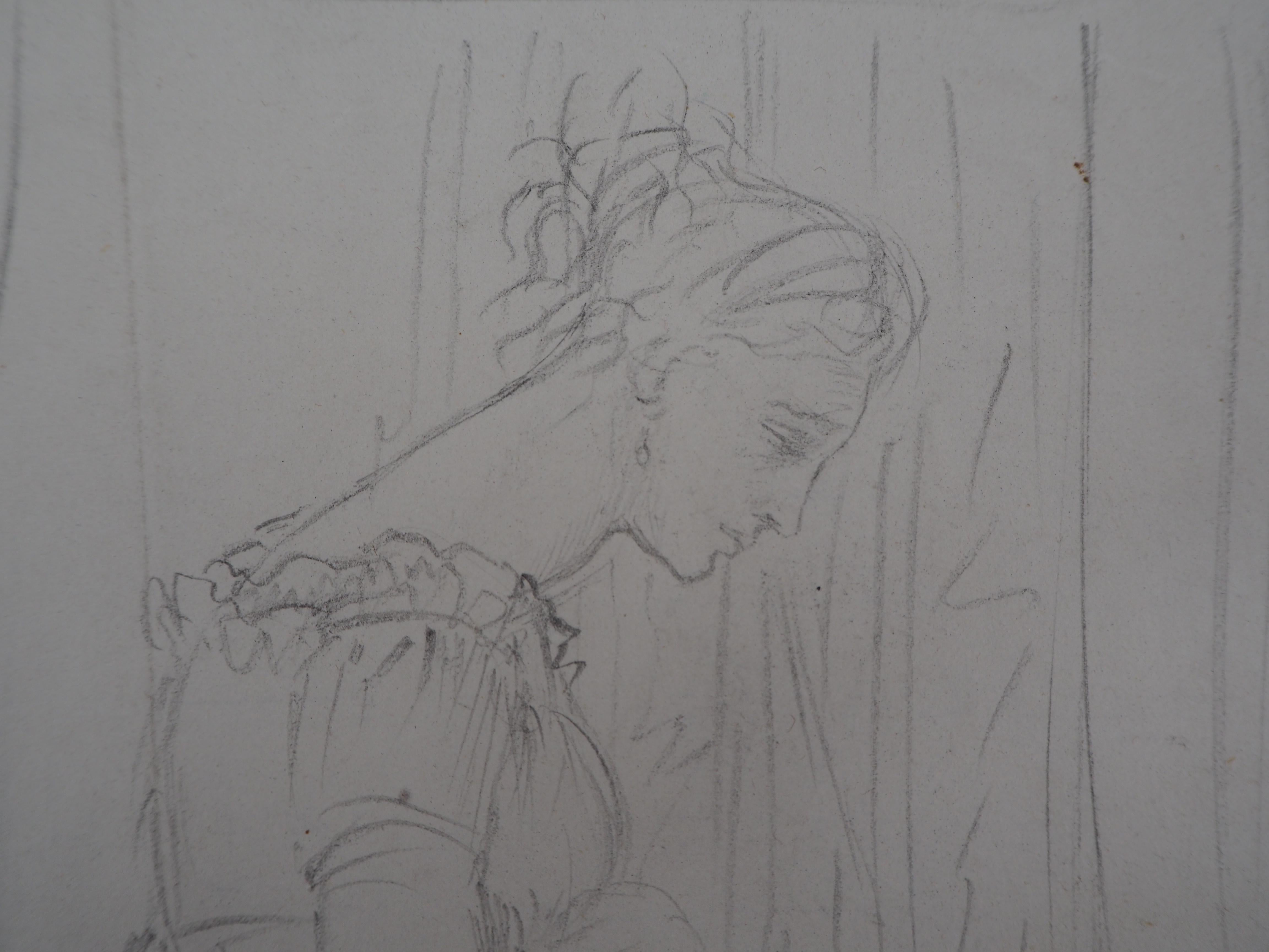 Edgar DEGAS
Study of Woman and Saint George

Original pencil drawing
Bearing the stamp of 'Atelier Degas' (Lugt #657)
On paper 27.5 x 19.5 cm (c. 11 x 8 in)

AUTHENTICITY & PROVENANCE : 
- Certificate of authenticity by J Caillac (court expert) made