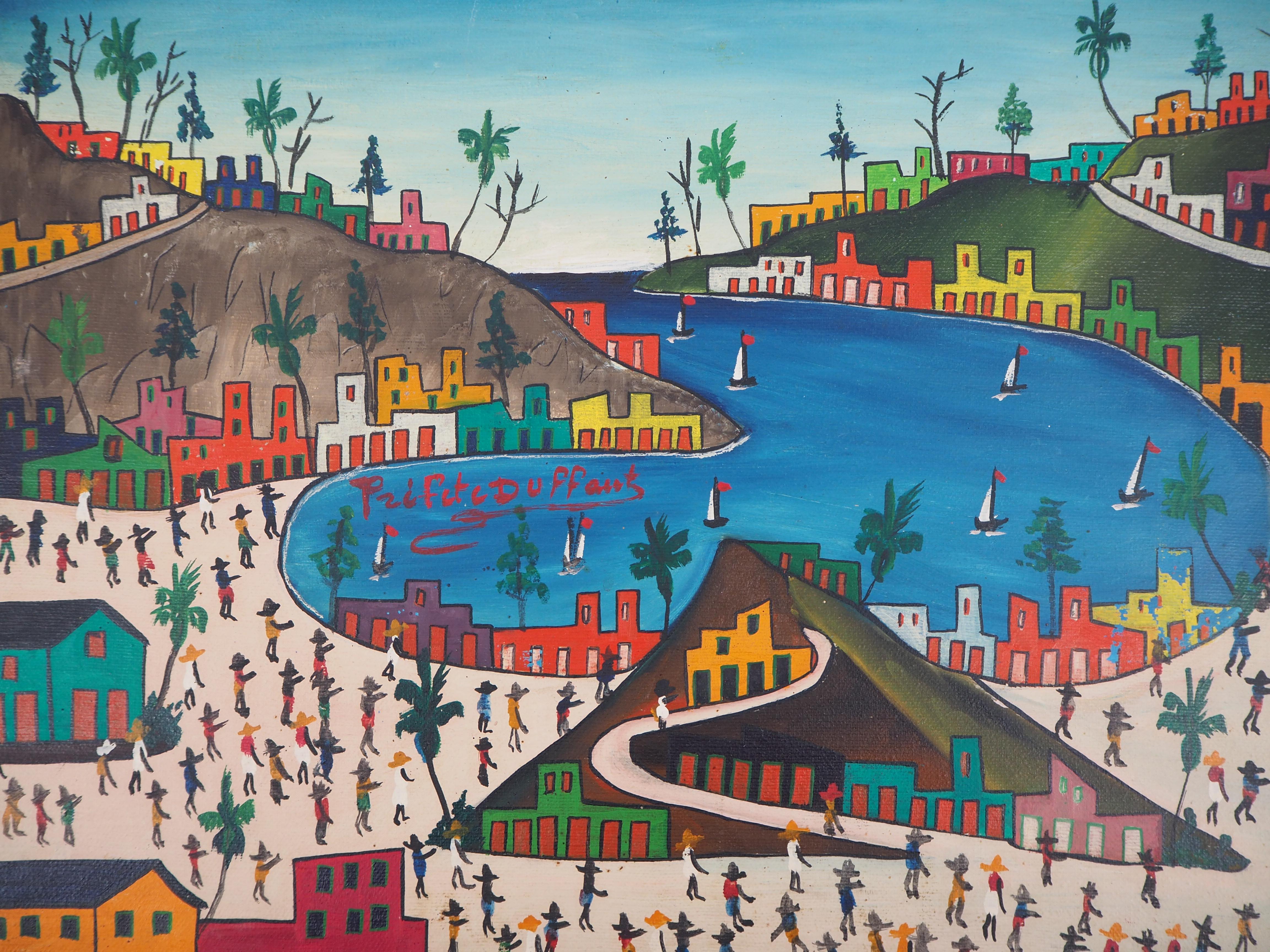 Haiti : Animated Beach - Original signed Oil on canvas - Modern Painting by Préfète Duffaut