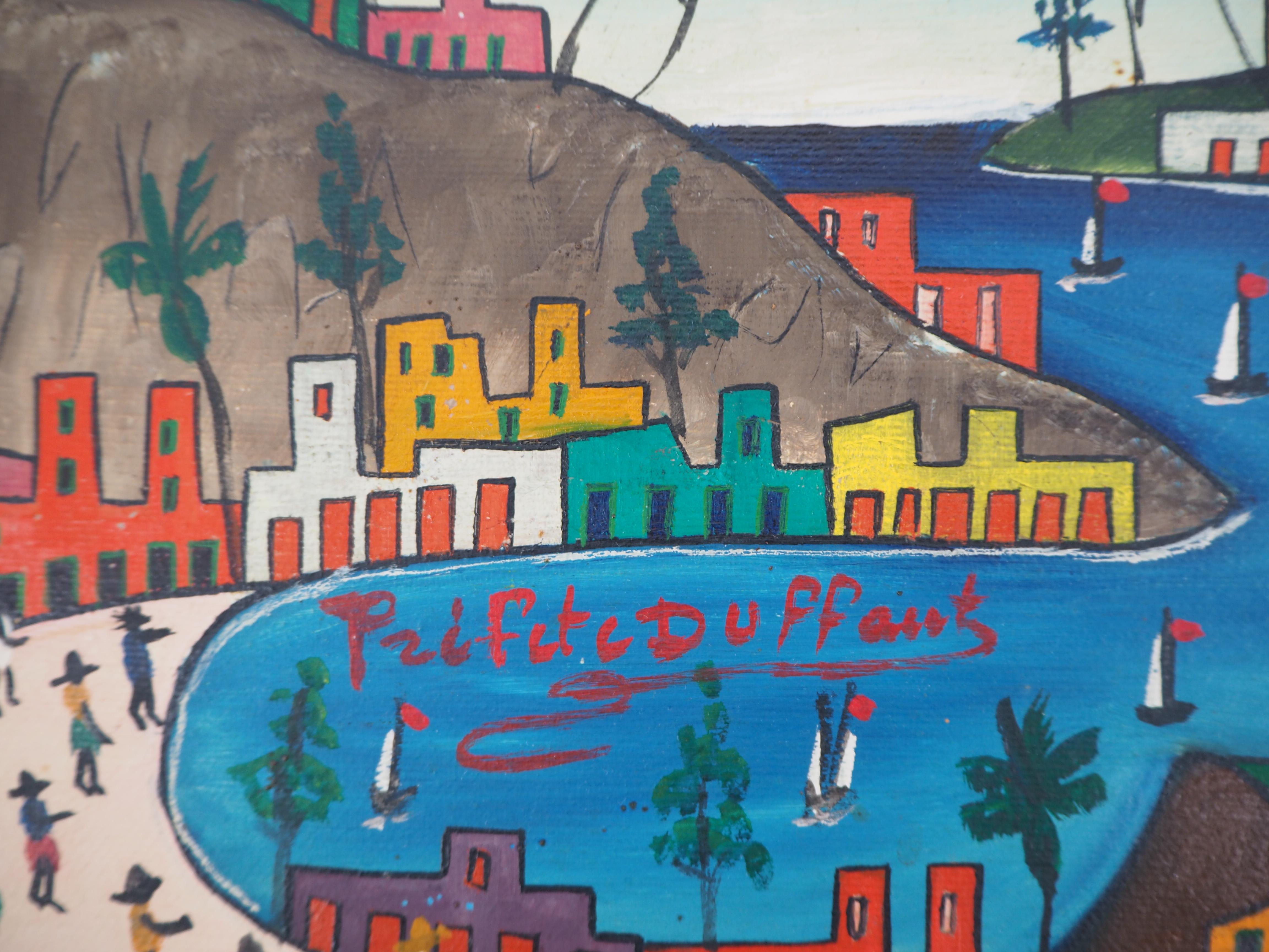 Haiti : Animated Beach - Original signed Oil on canvas - Painting by Préfète Duffaut
