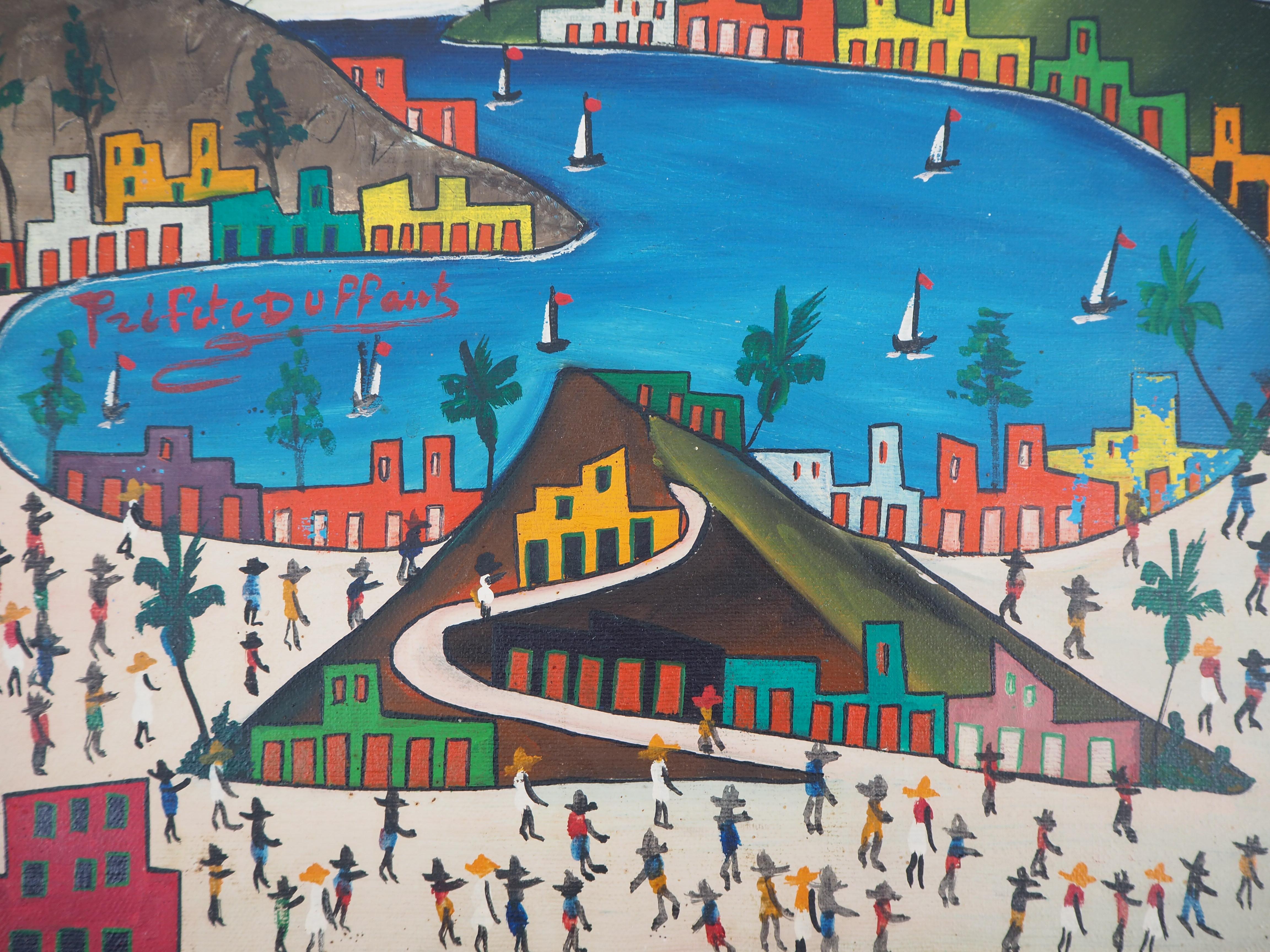 Haiti : Animated Beach - Original signed Oil on canvas - Gray Landscape Painting by Préfète Duffaut