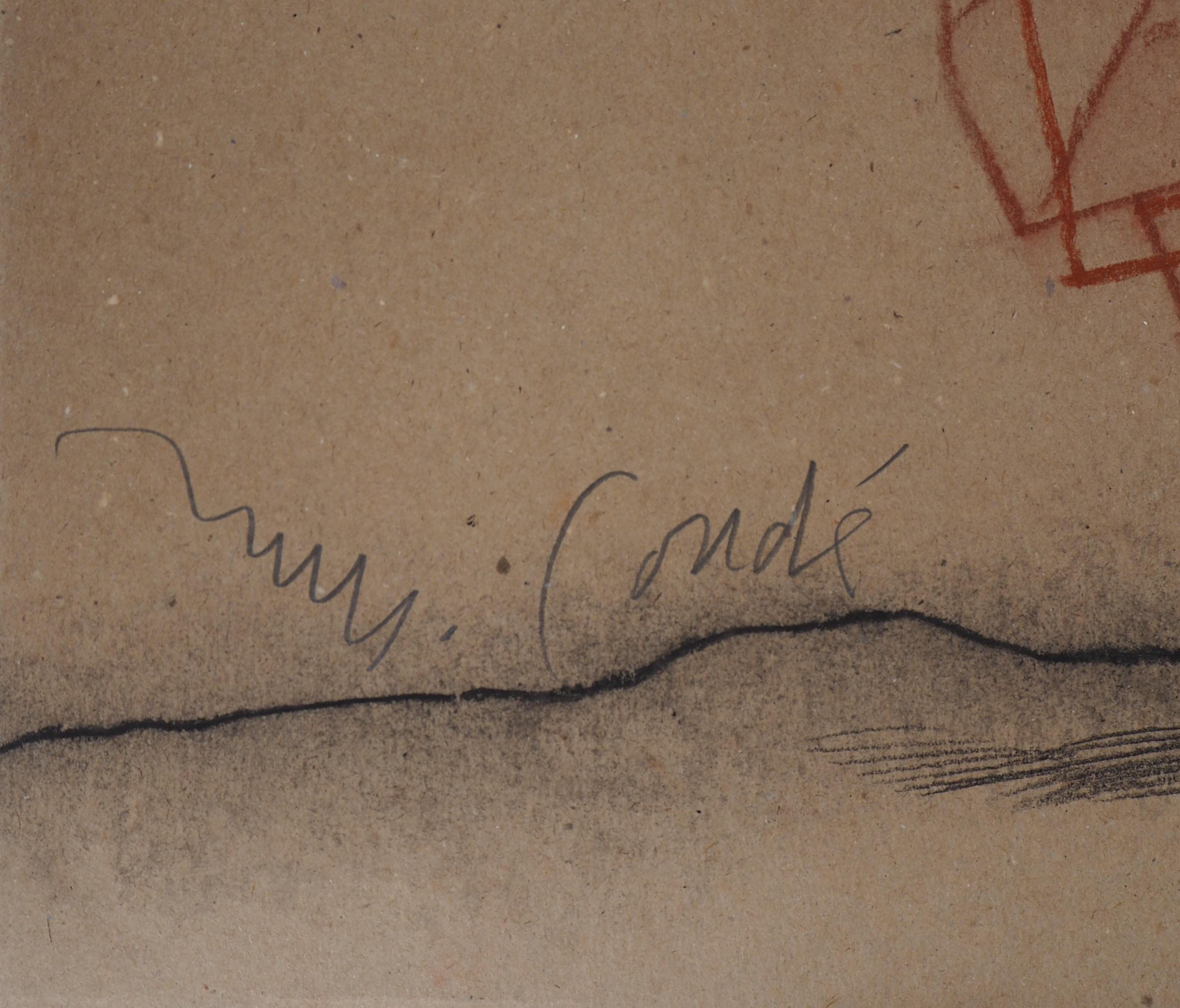 Le vendeur de fruits - Grand dessin original à l'encre et au fusain, signé - Art de Miguel Conde