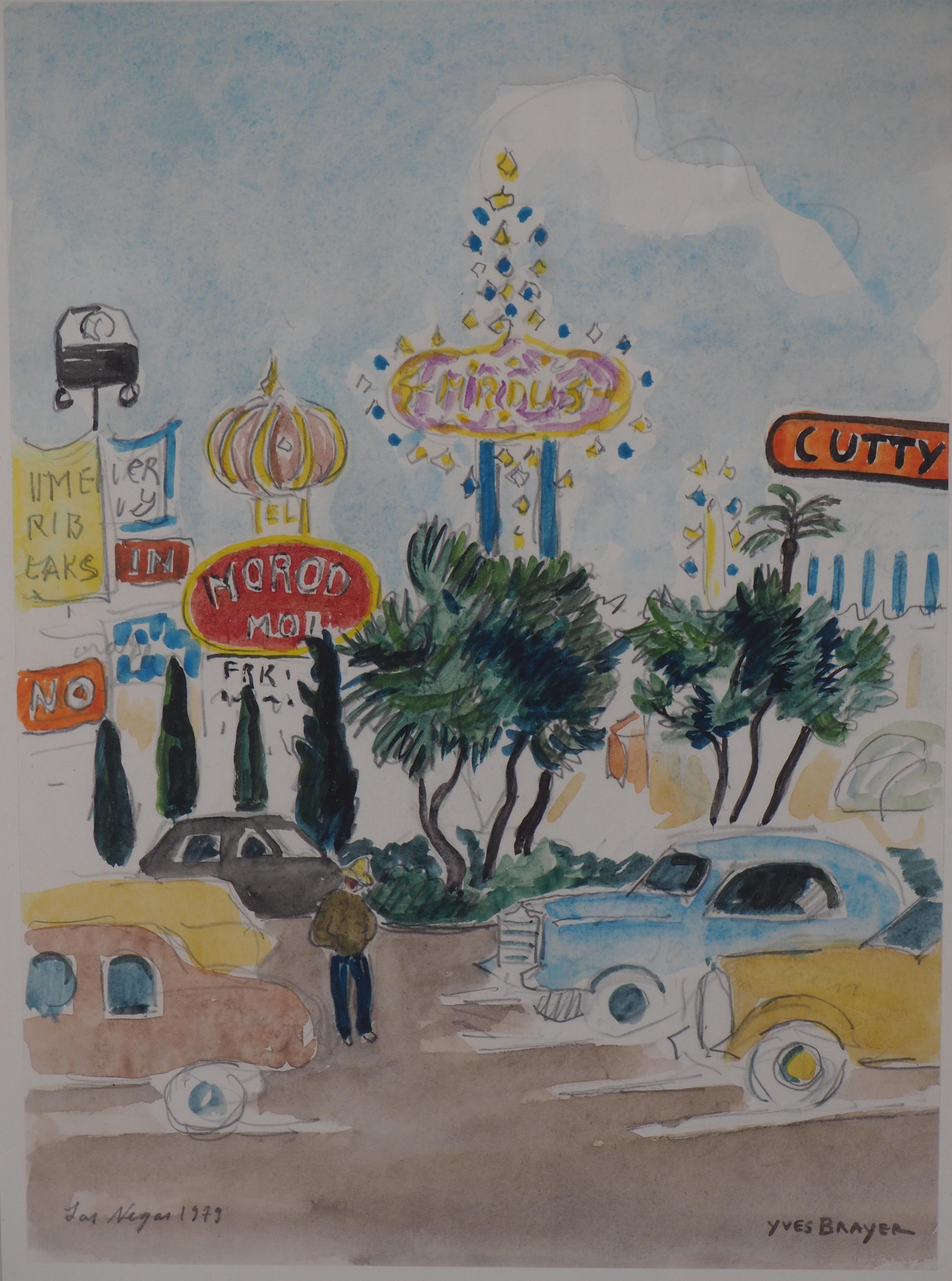 Las Vegas Strip in 1979 - Original watercolor, Handsigned - Modern Art by Yves Brayer