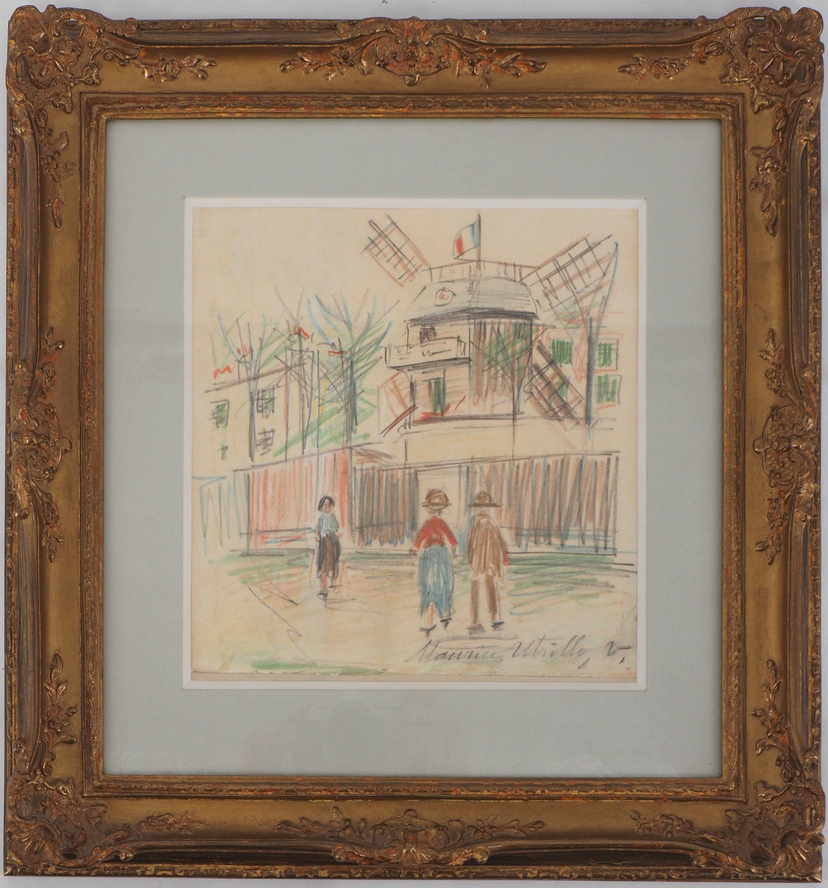 Maurice Utrillo Landscape Art - Montmartre : Le Moulin de la Galette - Original color drawing, Handsigned