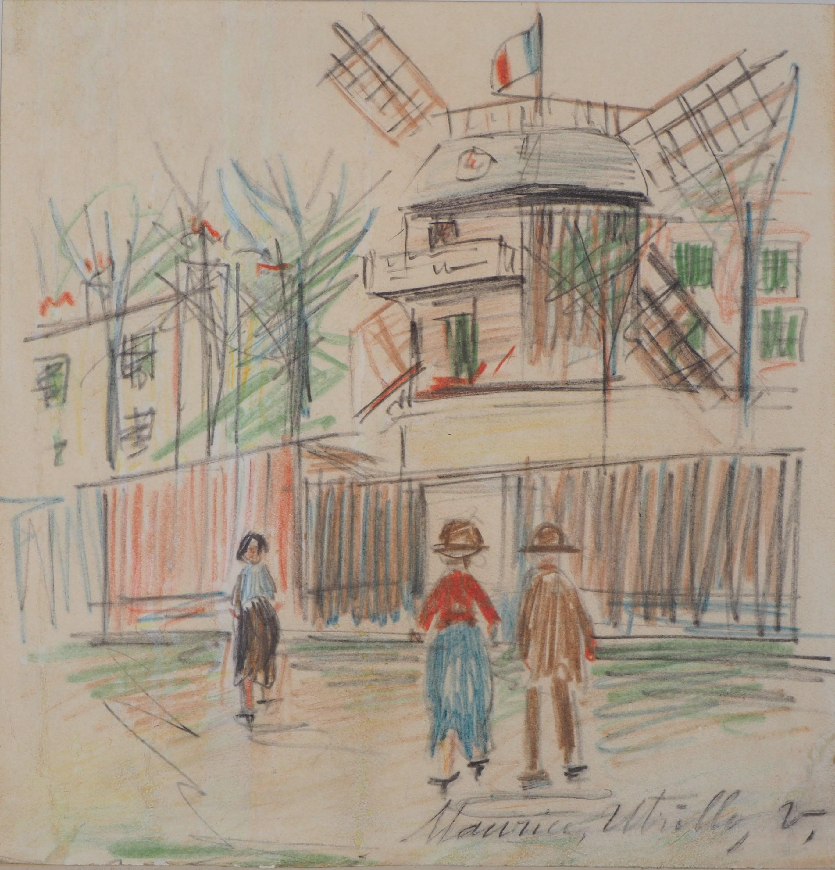 Montmartre : Le Moulin de la Galette - Original color drawing, Handsigned - Modern Art by Maurice Utrillo