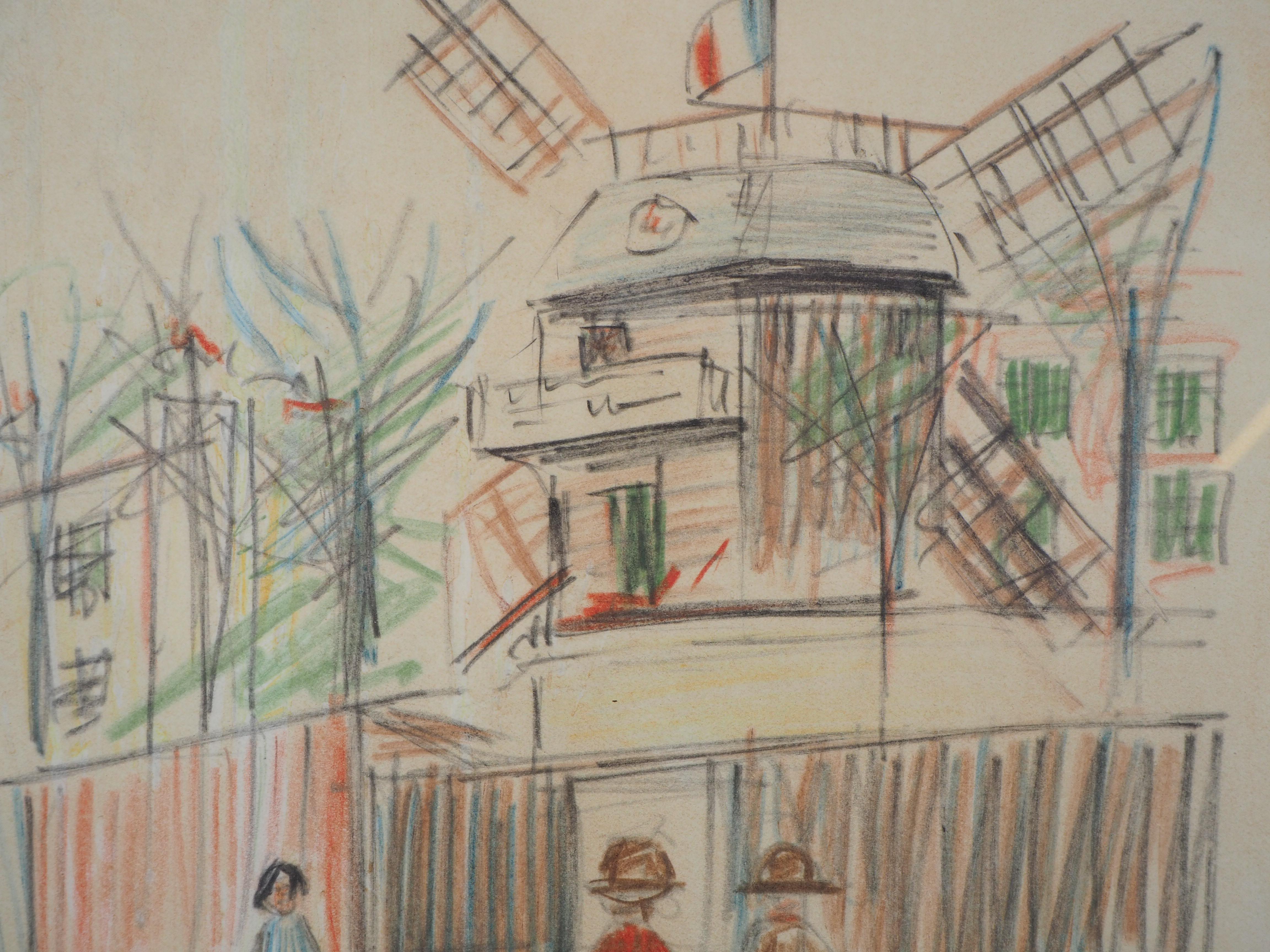 Montmartre : Le Moulin de la Galette - Original color drawing, Handsigned - Brown Landscape Art by Maurice Utrillo