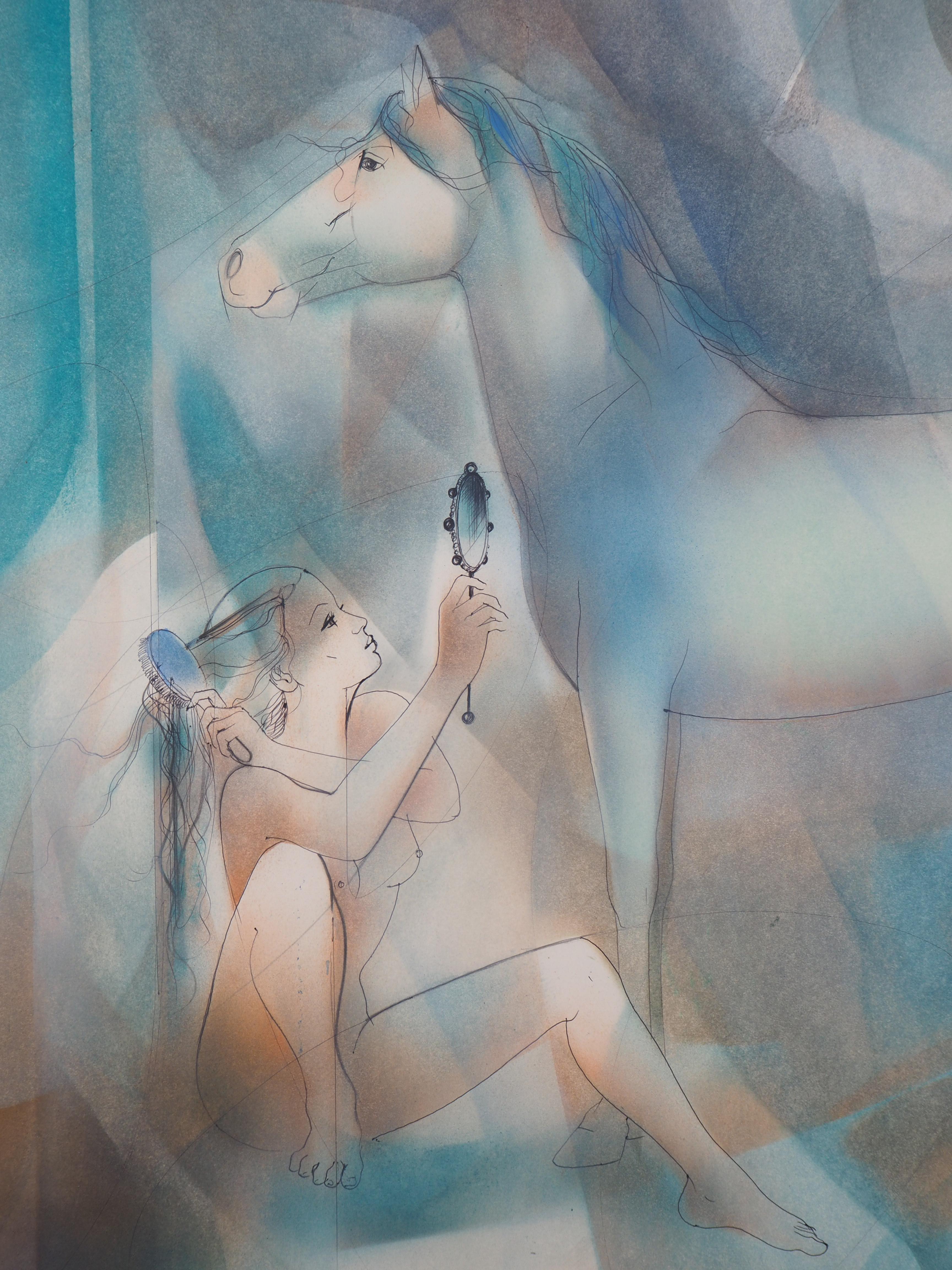 Young Woman and White Horse - Original watercolor, Handsigned - Modern Art by Jean-Baptiste Valadie