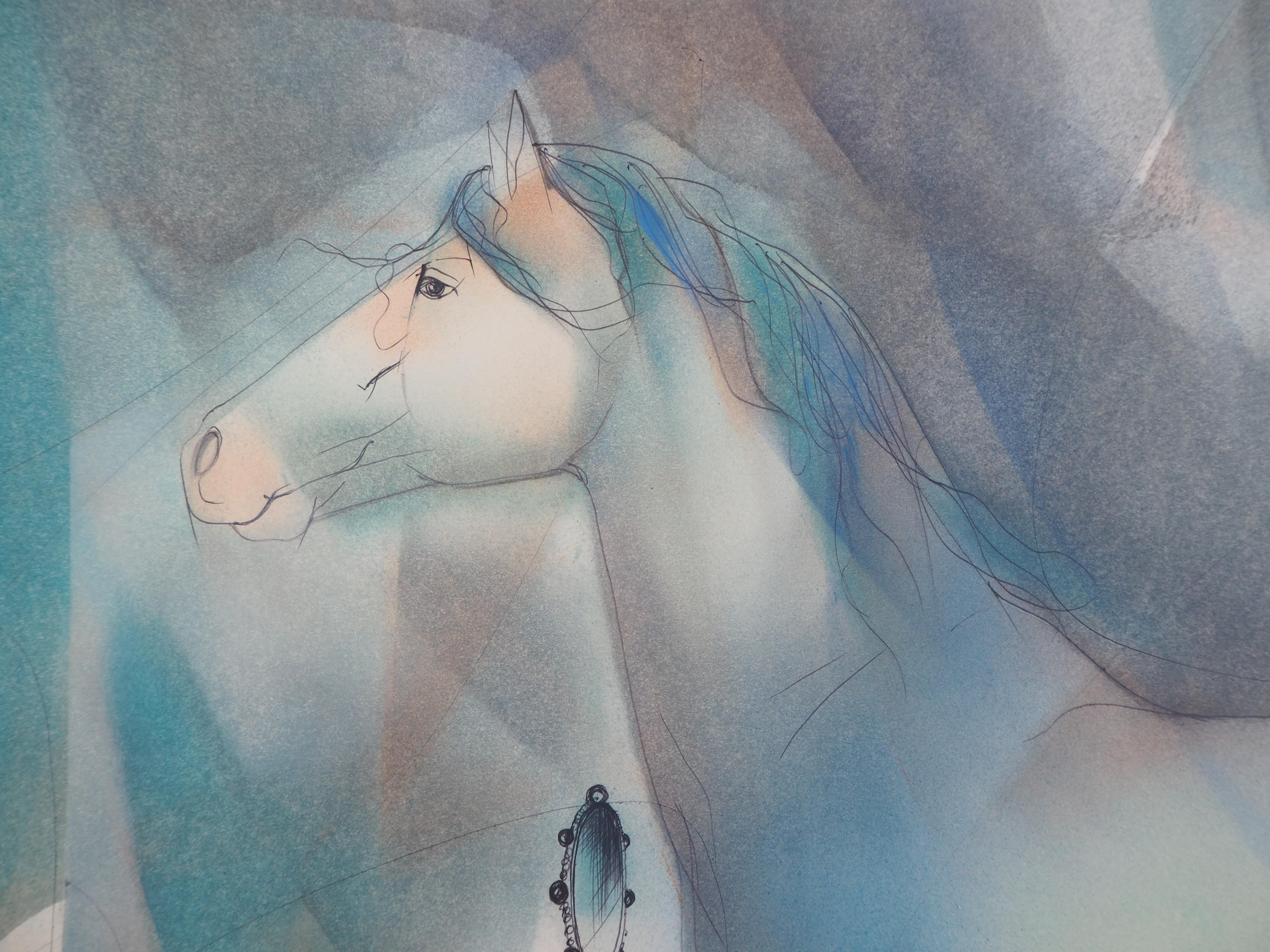 Young Woman and White Horse - Original watercolor, Handsigned - Gray Nude by Jean-Baptiste Valadie