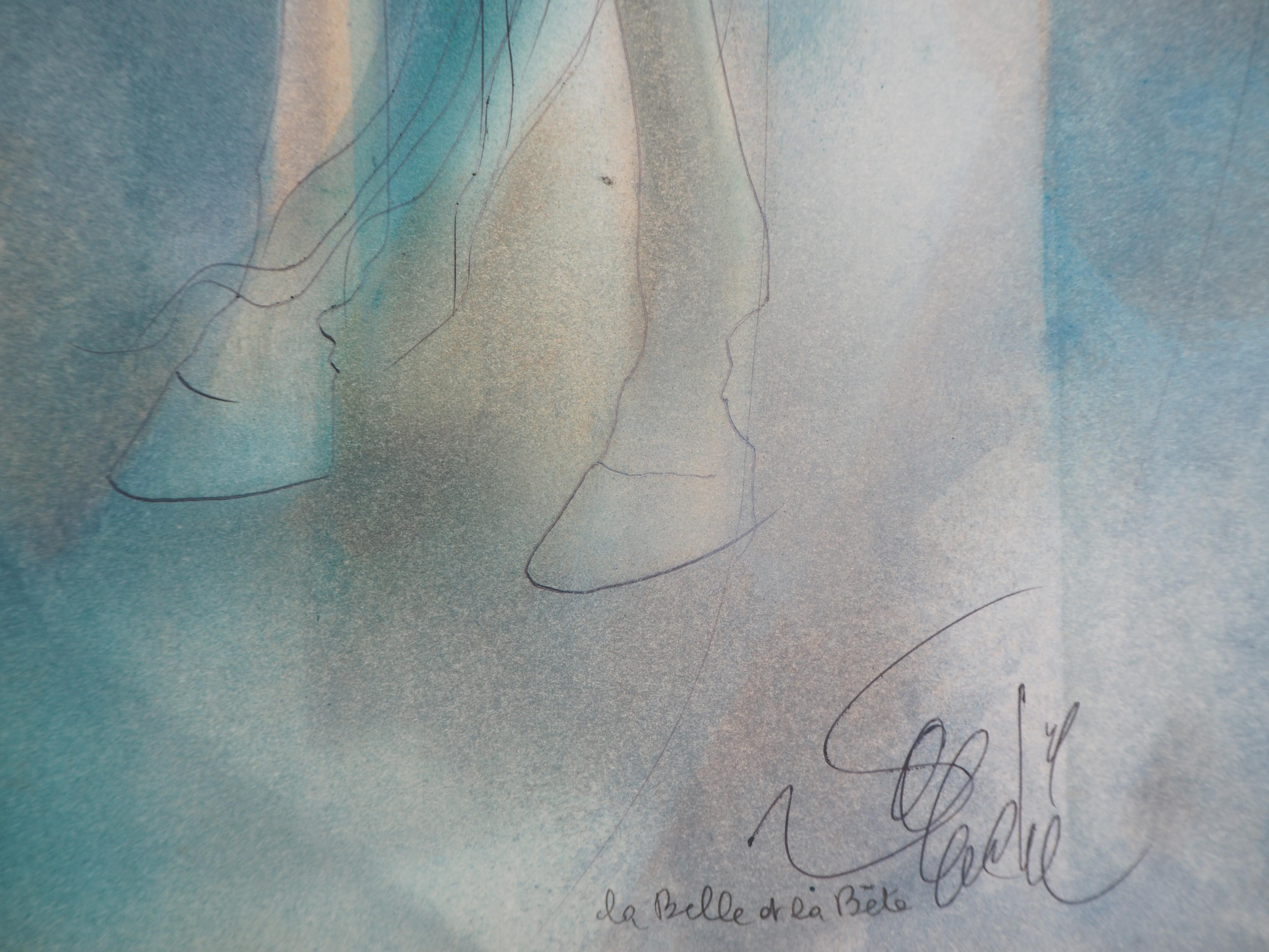 Young Woman and White Horse - Original watercolor, Handsigned - Art by Jean-Baptiste Valadie