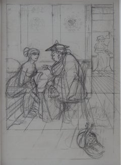 Deux femmes et un chat - Quatre dessins originaux, signés à la main