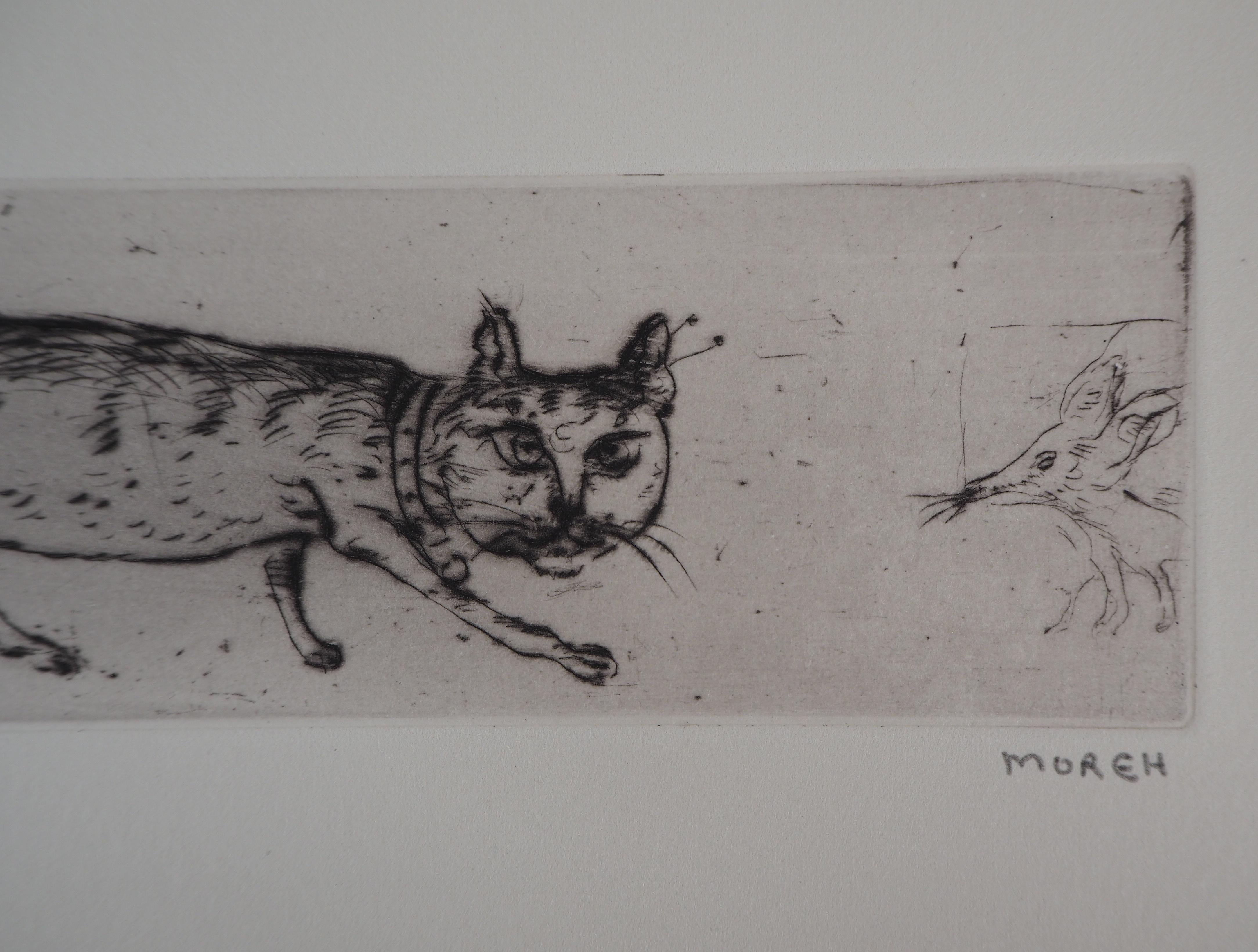 Cat and Mouse : Original etching, Handsigned - Gray Animal Print by Mordecai Moreh