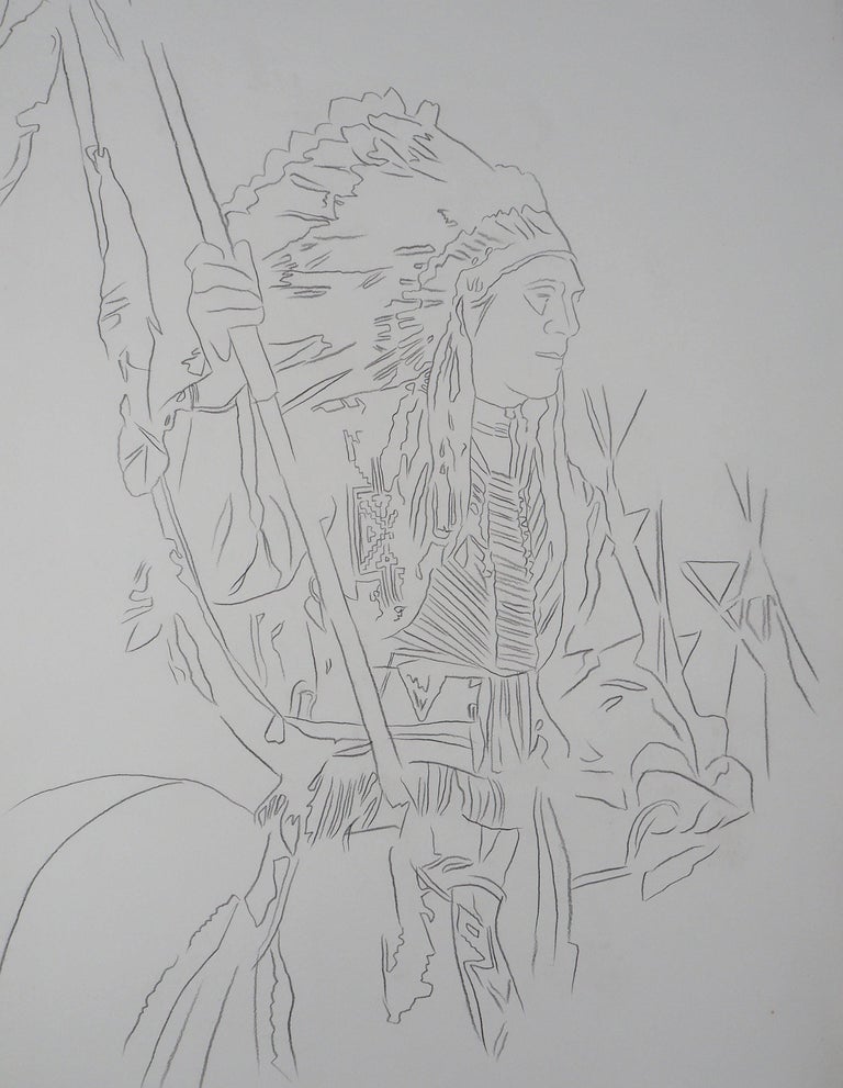 Indian : War Bonnet - Original hand-signed pencil drawing - Pop Art Art by Andy Warhol