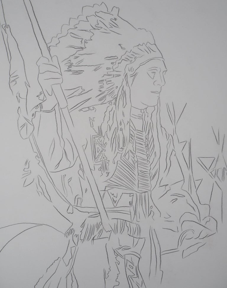 Indian : War Bonnet - Original hand-signed pencil drawing - Gray Figurative Art by Andy Warhol