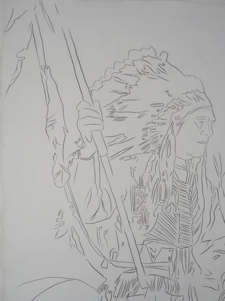 Indian : War Bonnet - Original hand-signed pencil drawing For Sale 3