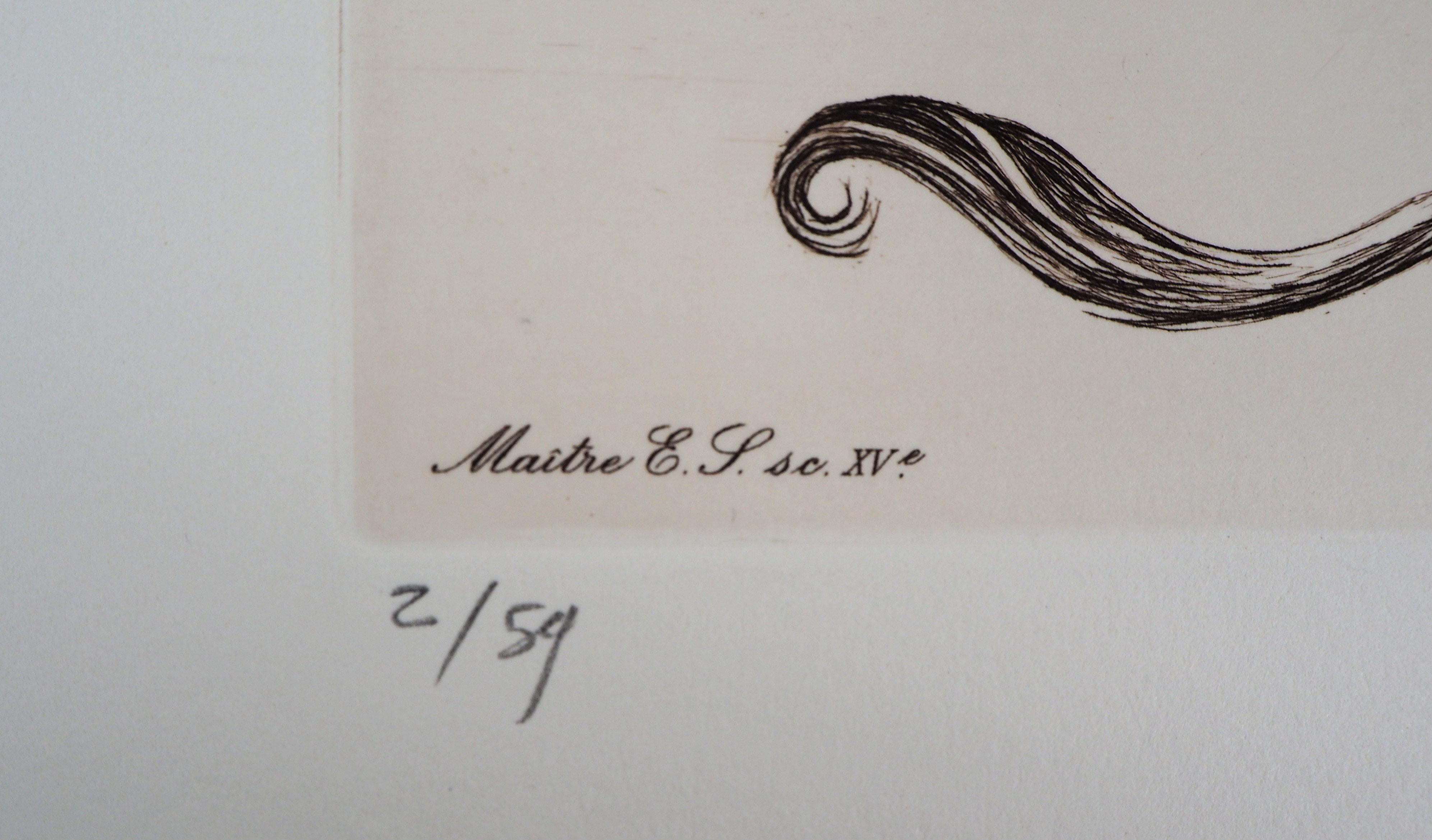 Cécile REIMS
Des animaux qui s'aiment 

Gravure originale
Signé à la main au crayon 
Numéroté sur 59 exemplaires
Sur vélin 38 x 28 cm ( 14,9 x 11 inch)

La gravure fait partie de la série L'Alphabet de Maître E.S, publiée en 1991. Cette gravure