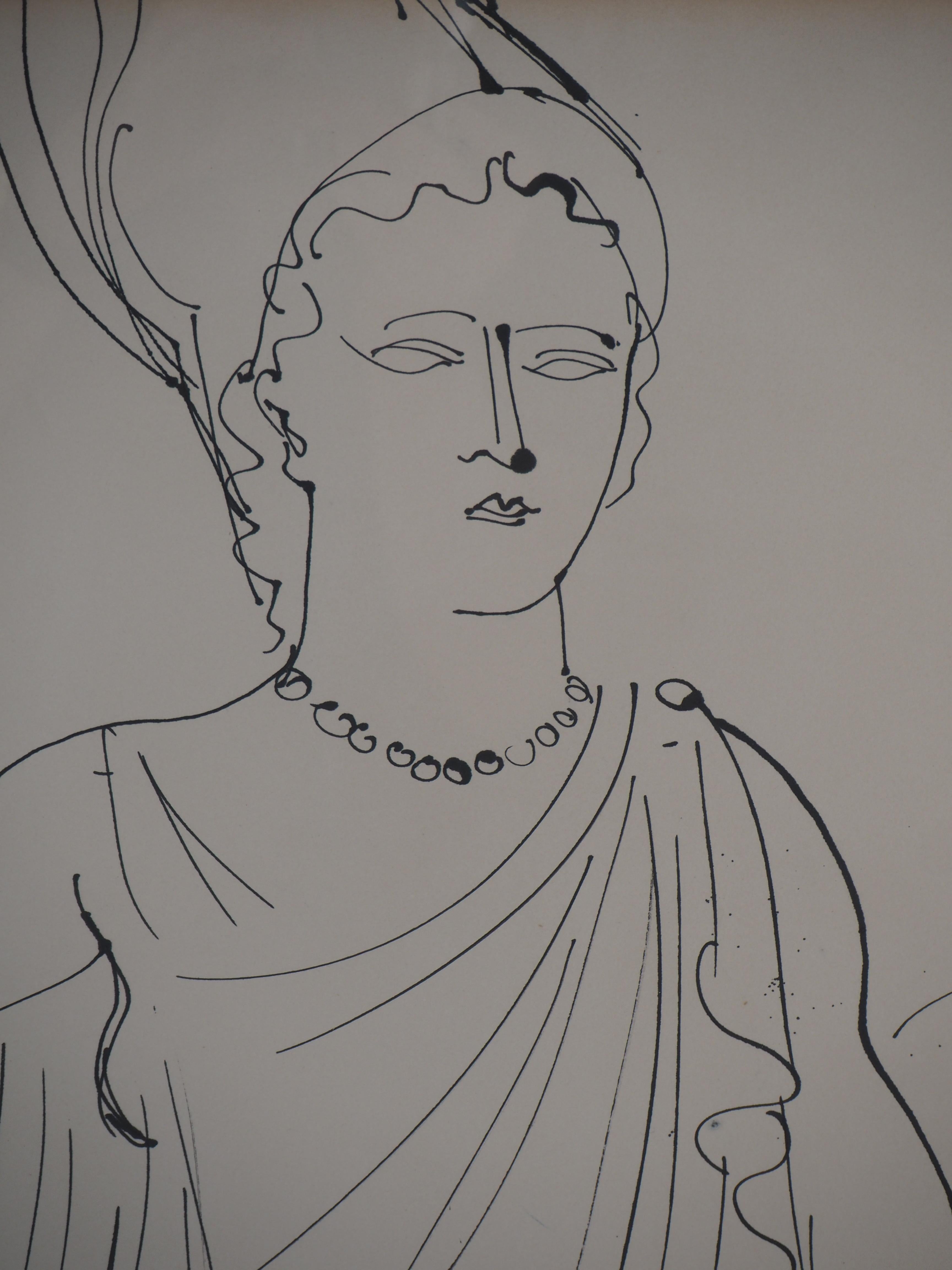 Fee Electricite, Athena Goddess of Wisdom and War - Original Drawing, Handsigned - Gray Figurative Art by Raoul Dufy