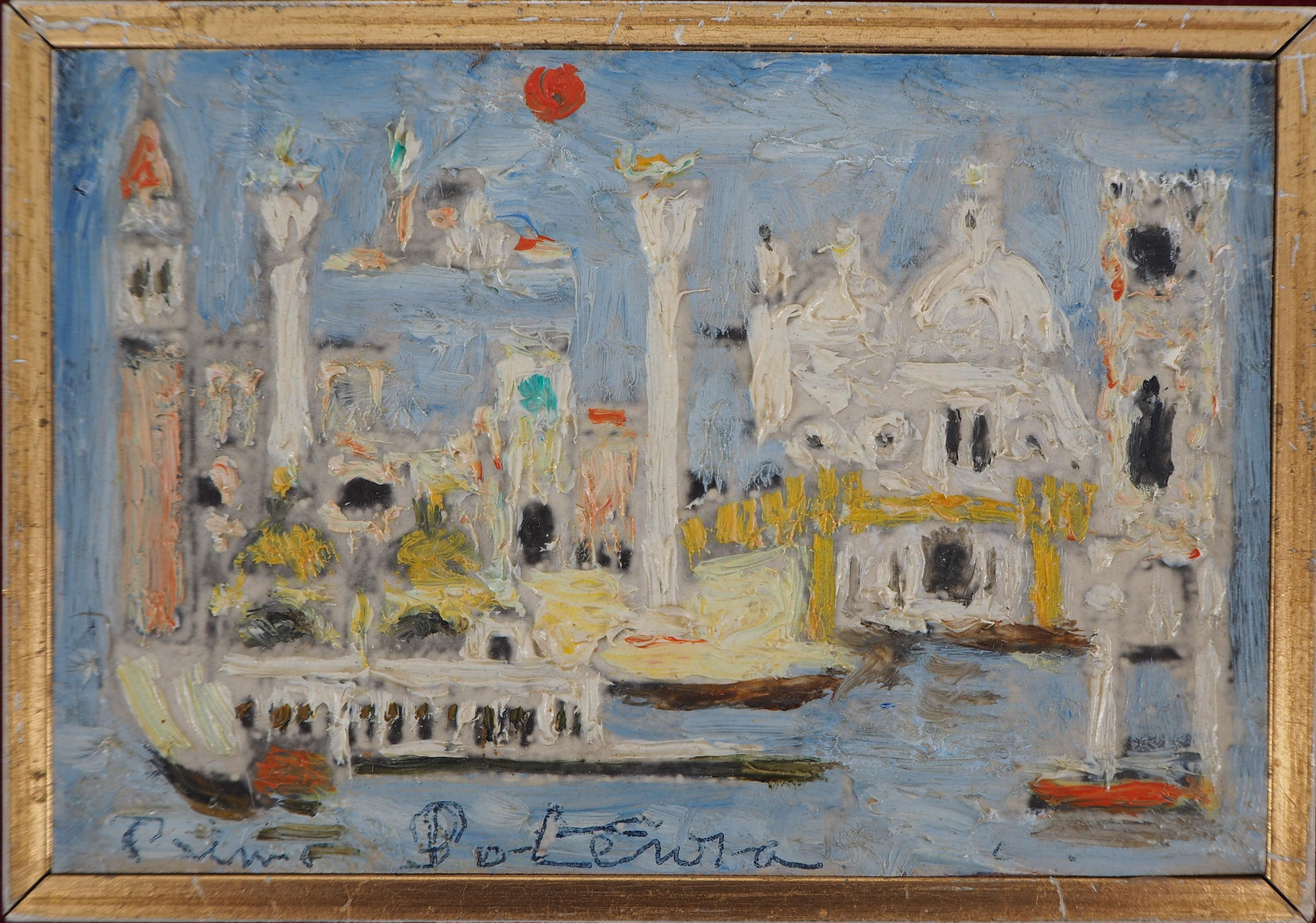 Primo POTENZA Landscape Painting - Venice With Red Sun - Original Oil Painting, Handsigned