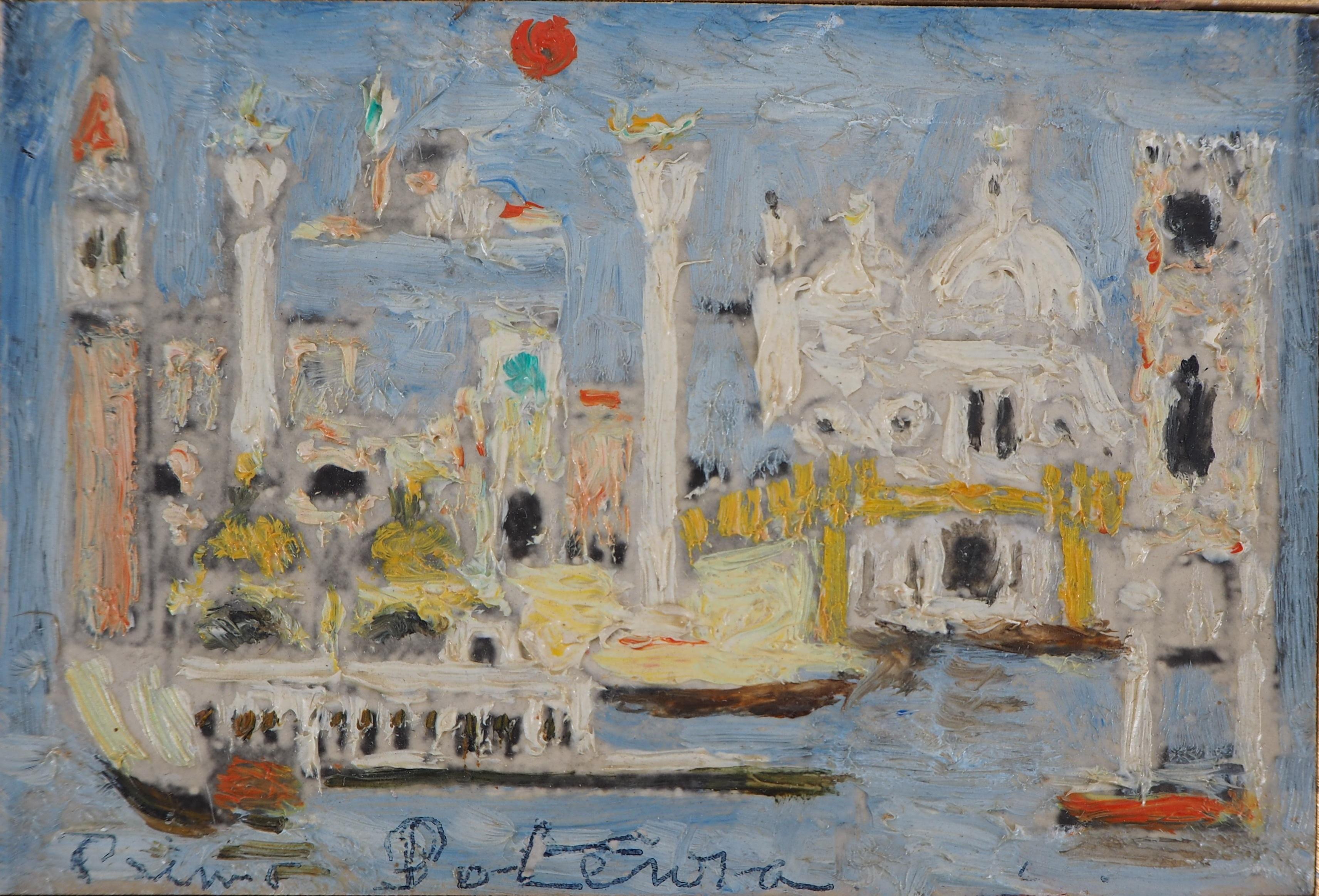 Venice With Red Sun - Original Oil Painting, Handsigned - Gray Landscape Painting by Primo POTENZA