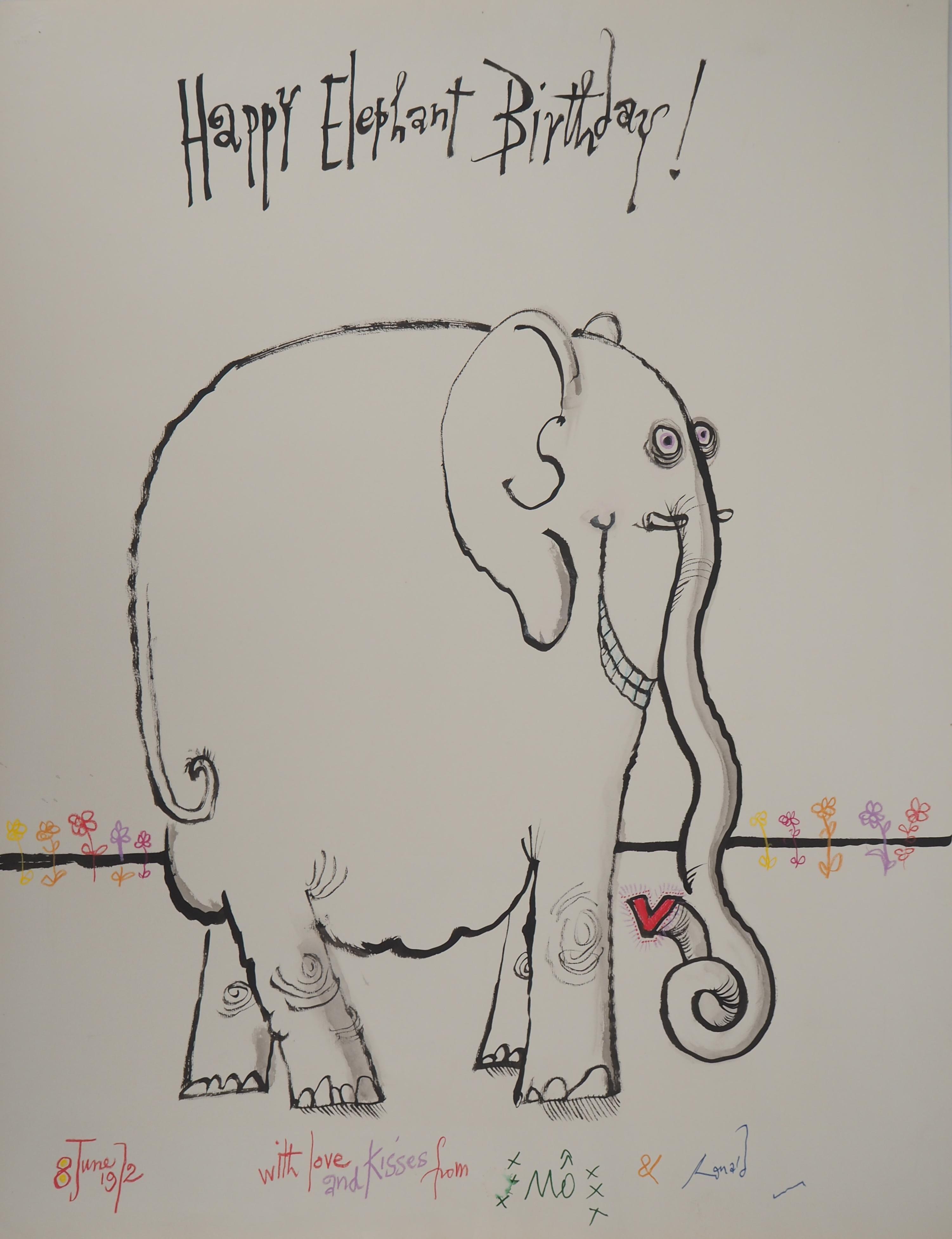 Ronald Searle Animal Art - Happy Elephant Birthday - Original ink drawing, Signed