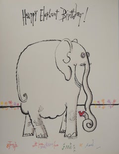 Happy Elephant Birthday - Original ink drawing, Signed