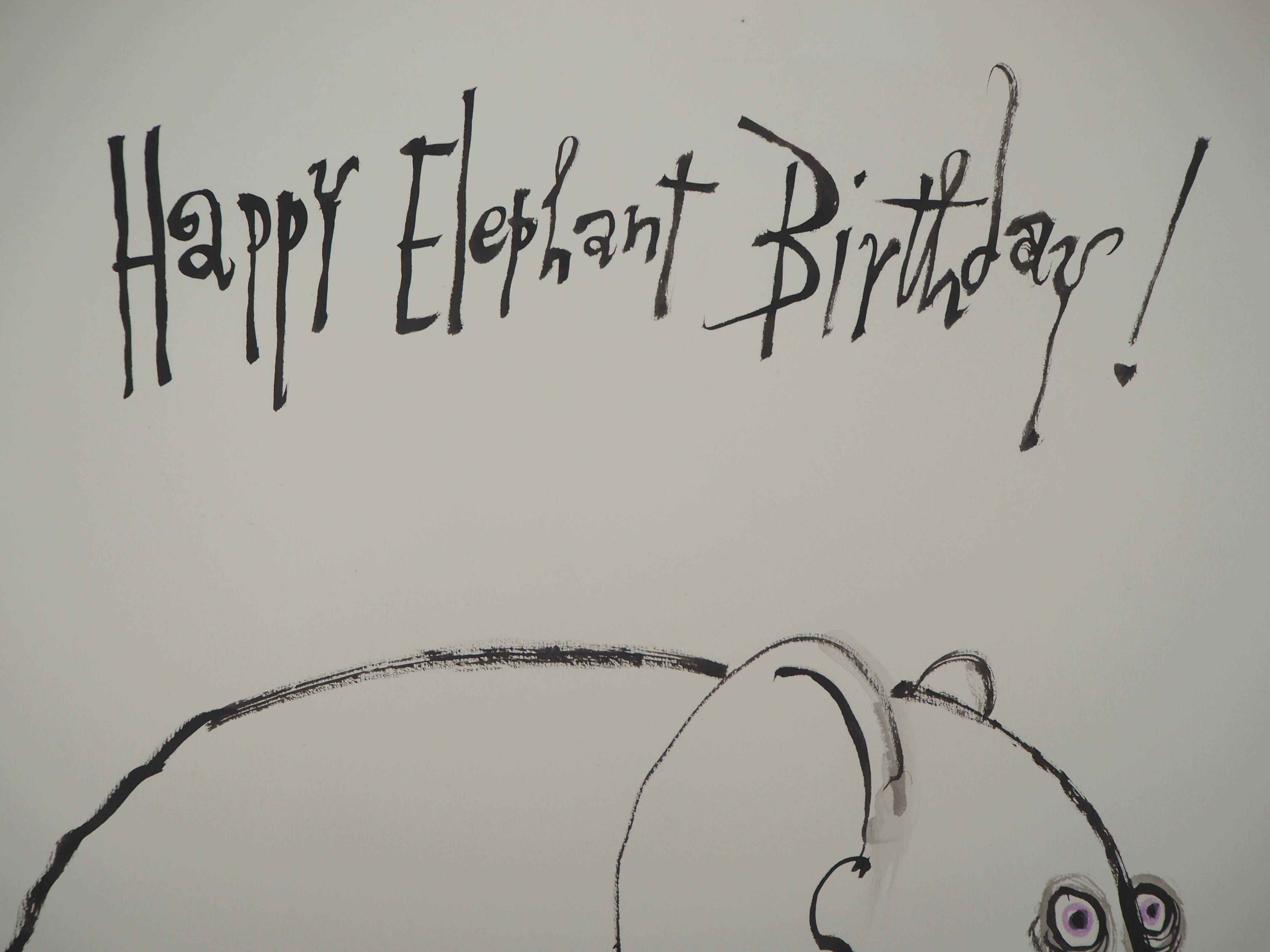 Happy Elephant Birthday - Original ink drawing, Signed - Modern Art by Ronald Searle